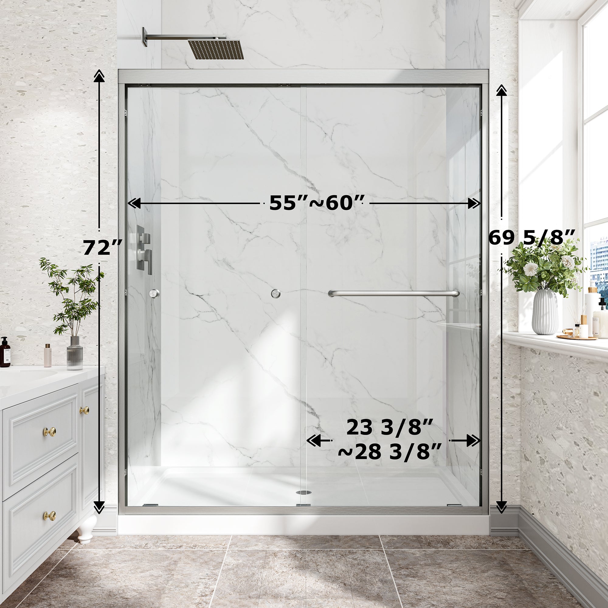 KZG 55–60 in. brushed nickel reversible double bypass sliding shower door with tempered glass — image 3