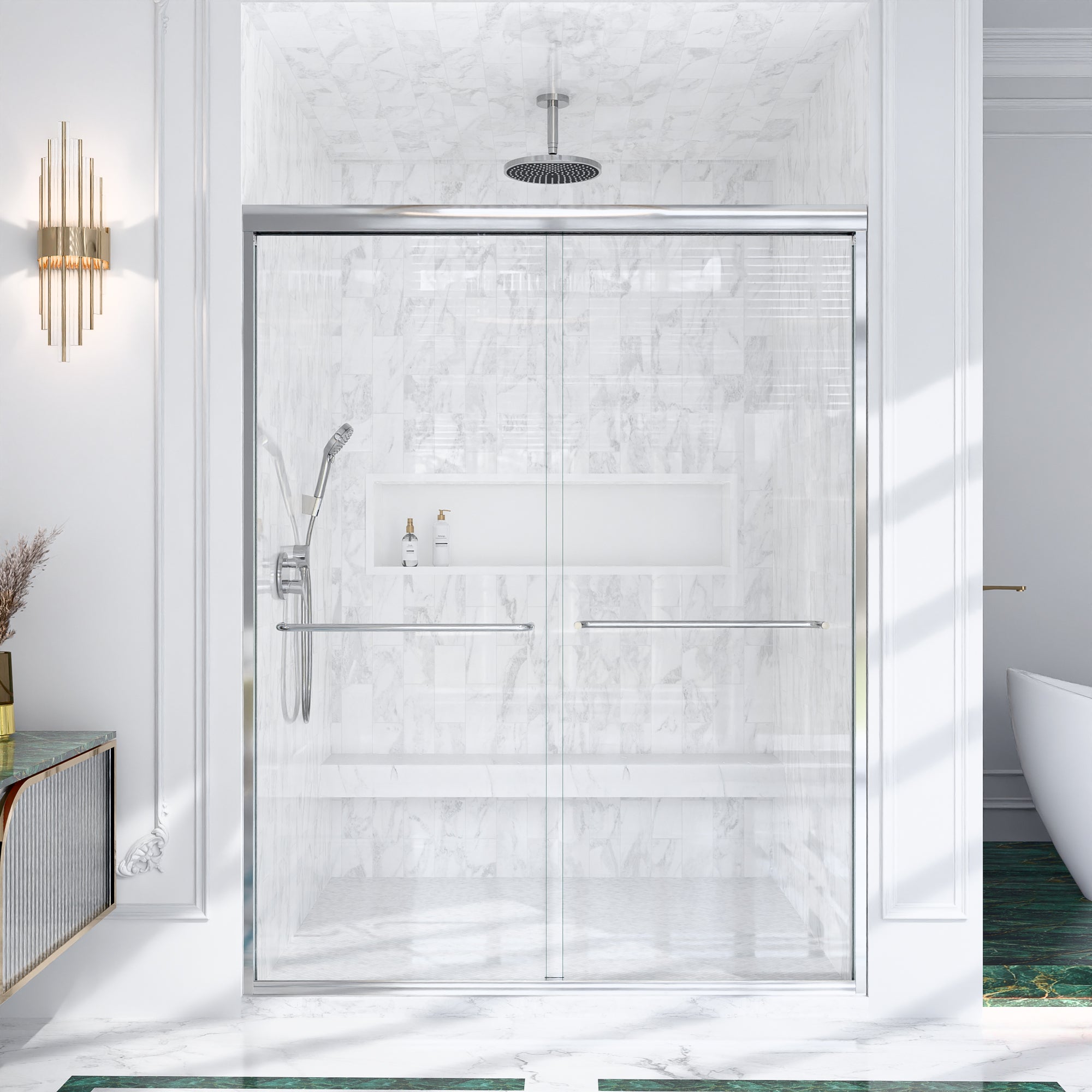 KZG 56–60 in. semi-frameless double sliding shower door with chrome finish and tempered glass — image 1