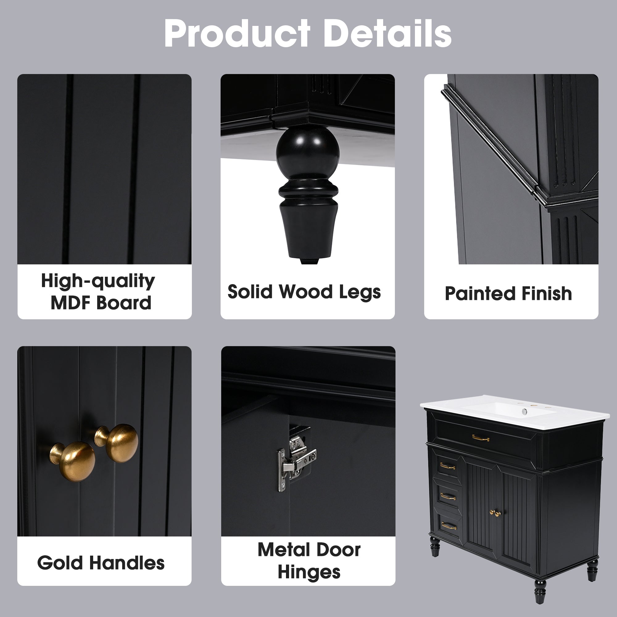 KZG 36-inch black bathroom vanity with ceramic sink and drawer storage — image 6