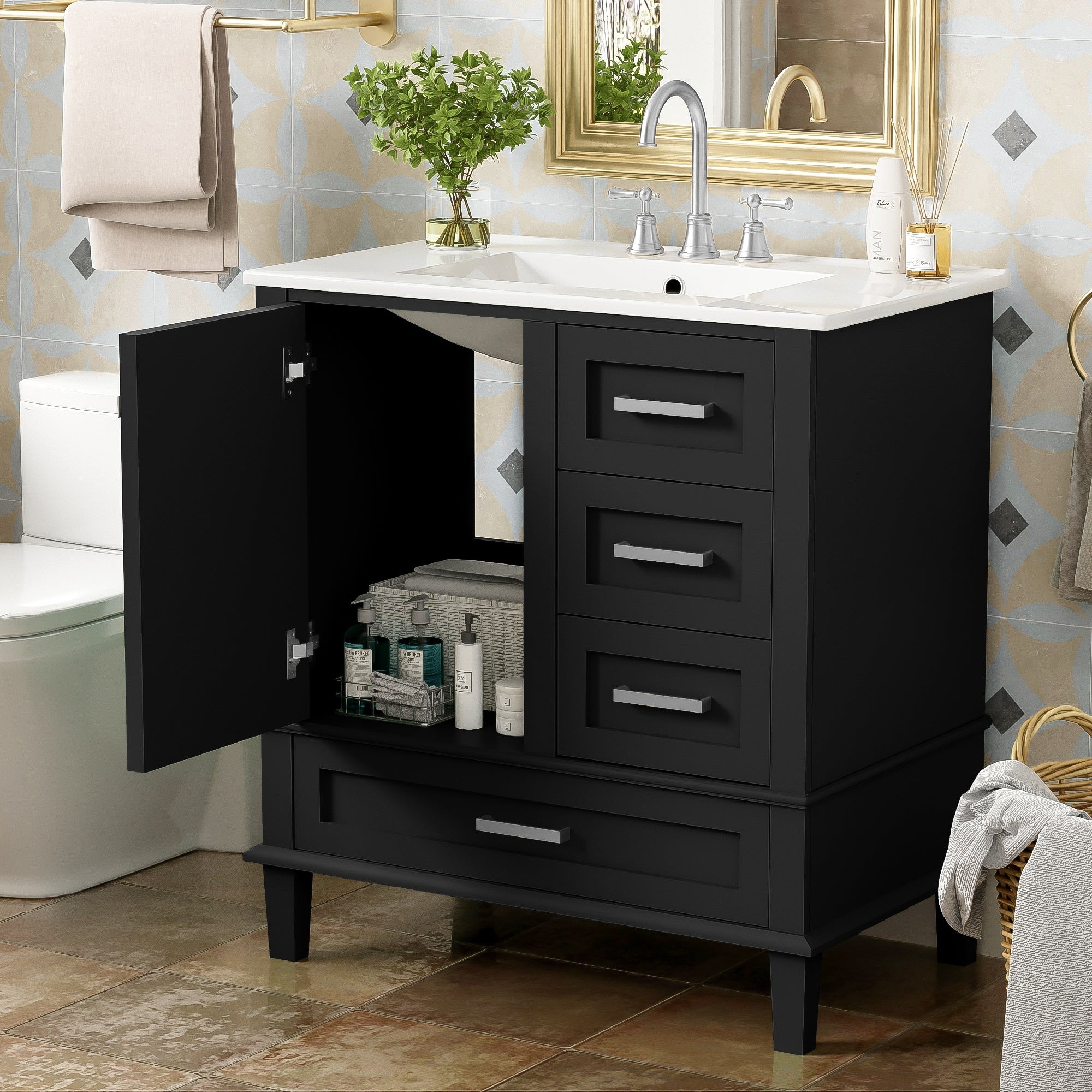 Matte black bathroom vanity with ceramic sink, soft-close doors, 30 in. — image 5
