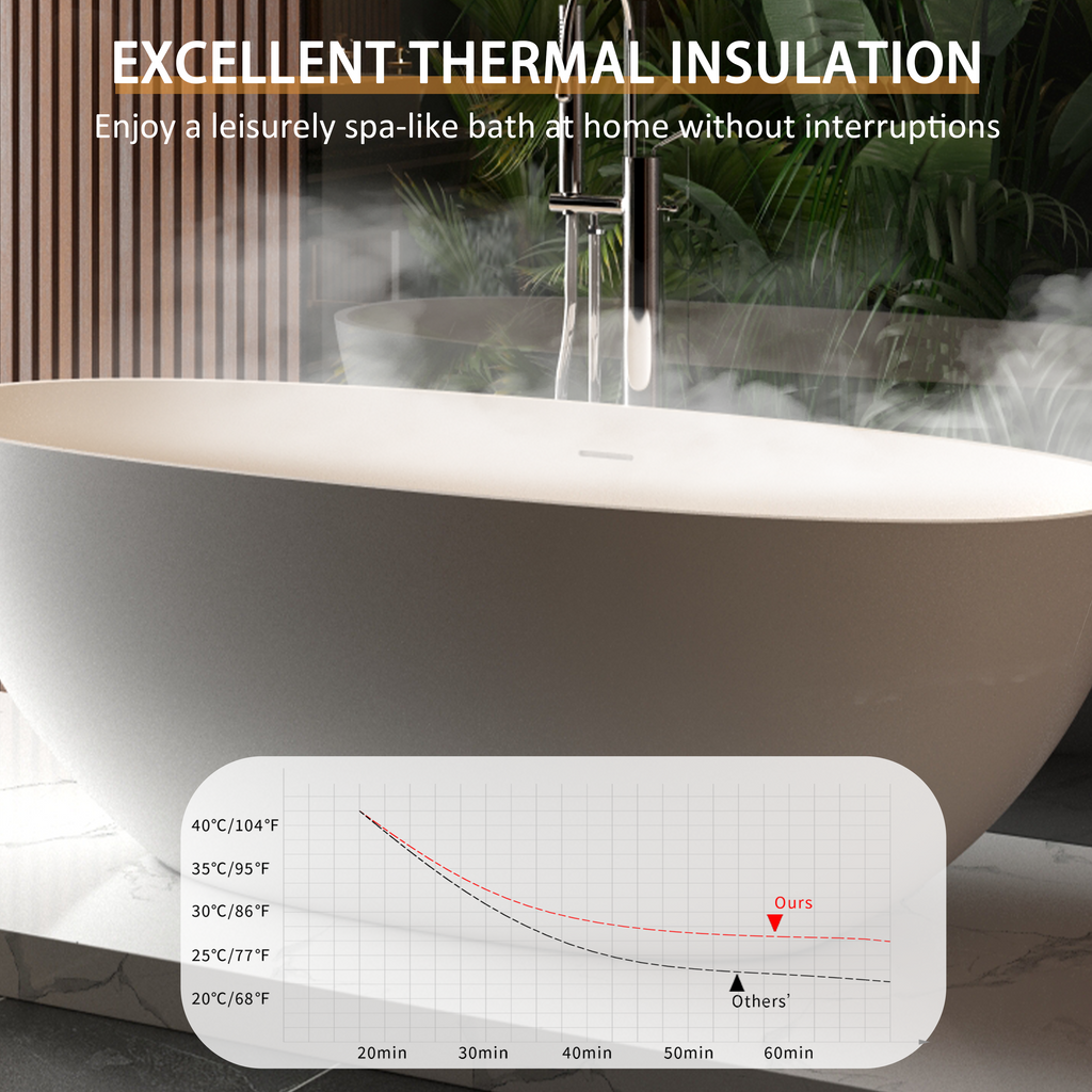 KZG 65in. freestanding soaking bathtub in matte white solid surface with overflow and pop-up drain — image 5