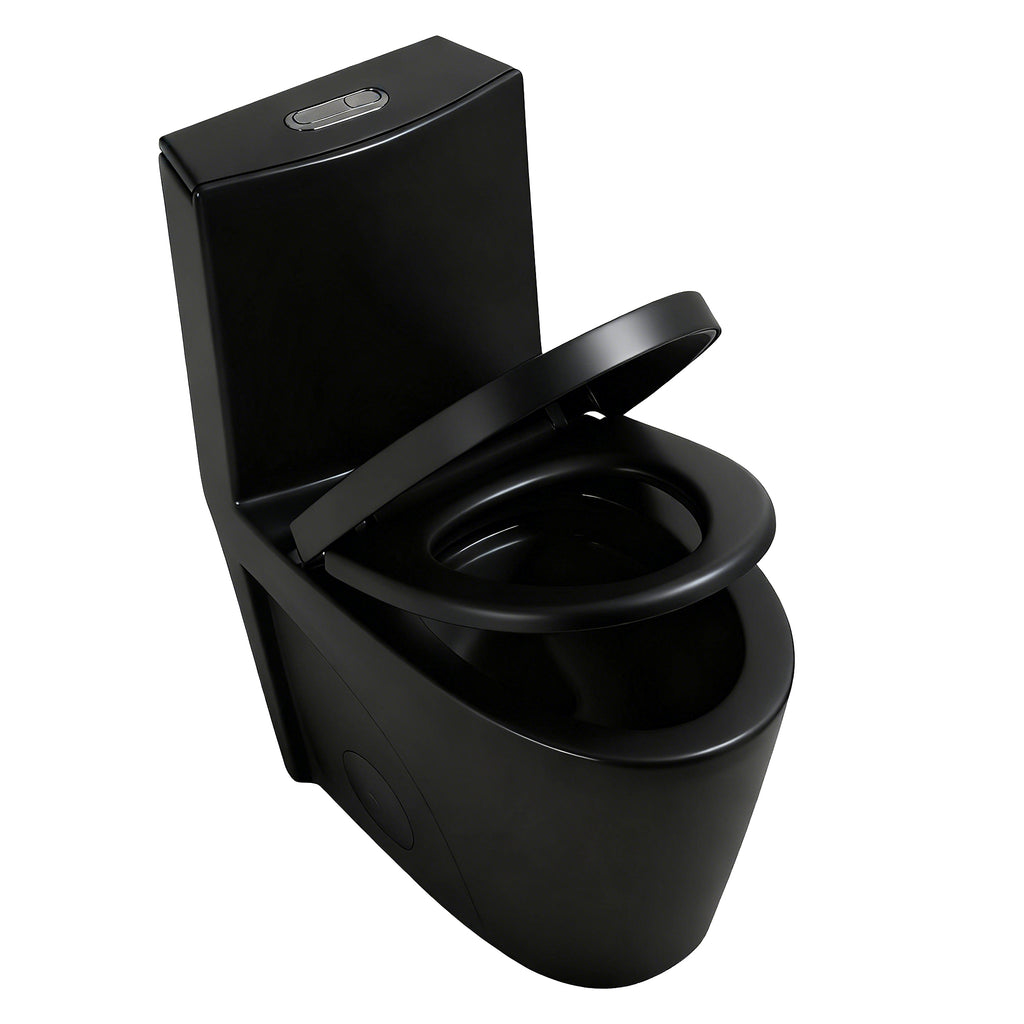 KZG one-piece elongated comfort height toilet in black ceramic with dual-flush and soft-closing seat — image 5