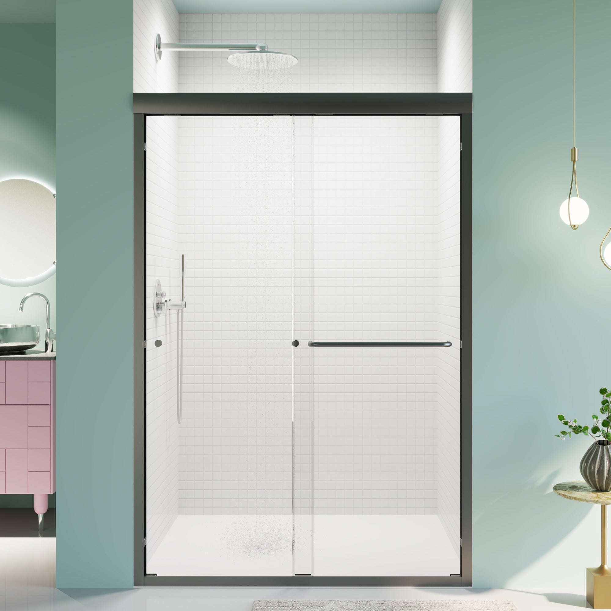 Matte black semi-frameless double sliding shower door with tempered glass — image 2