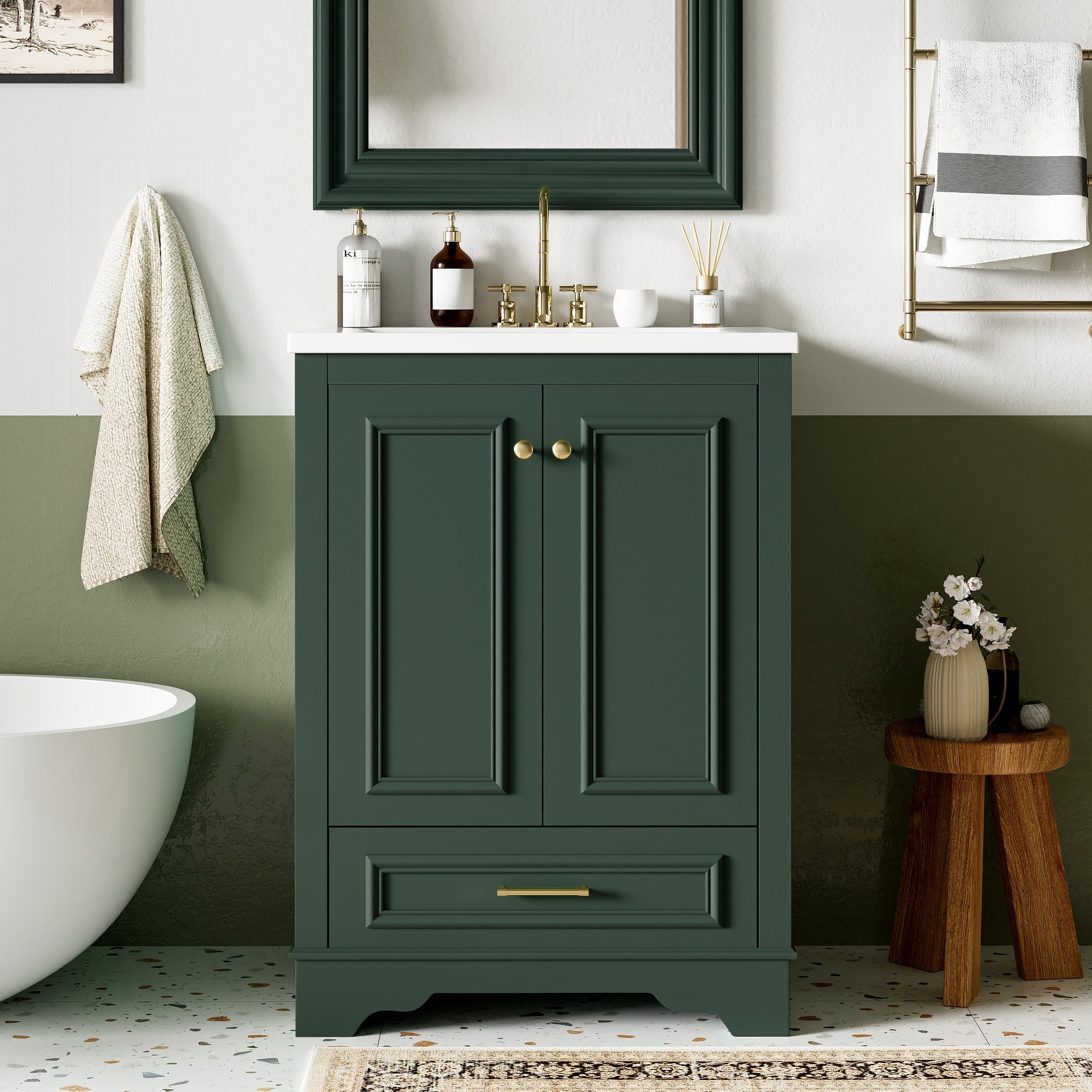 KZG 24-inch modern green bathroom vanity with ceramic sink and soft-closing doors — image 5