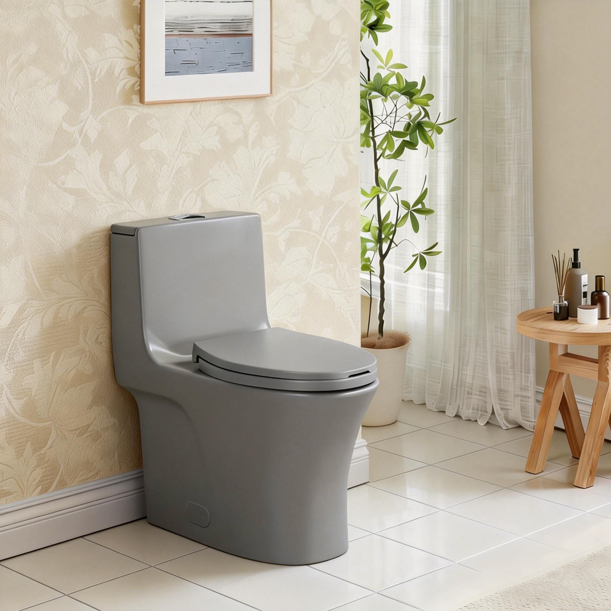 KZG elongated comfort height dual-flush one-piece toilet in light grey with soft-closing seat — image 1