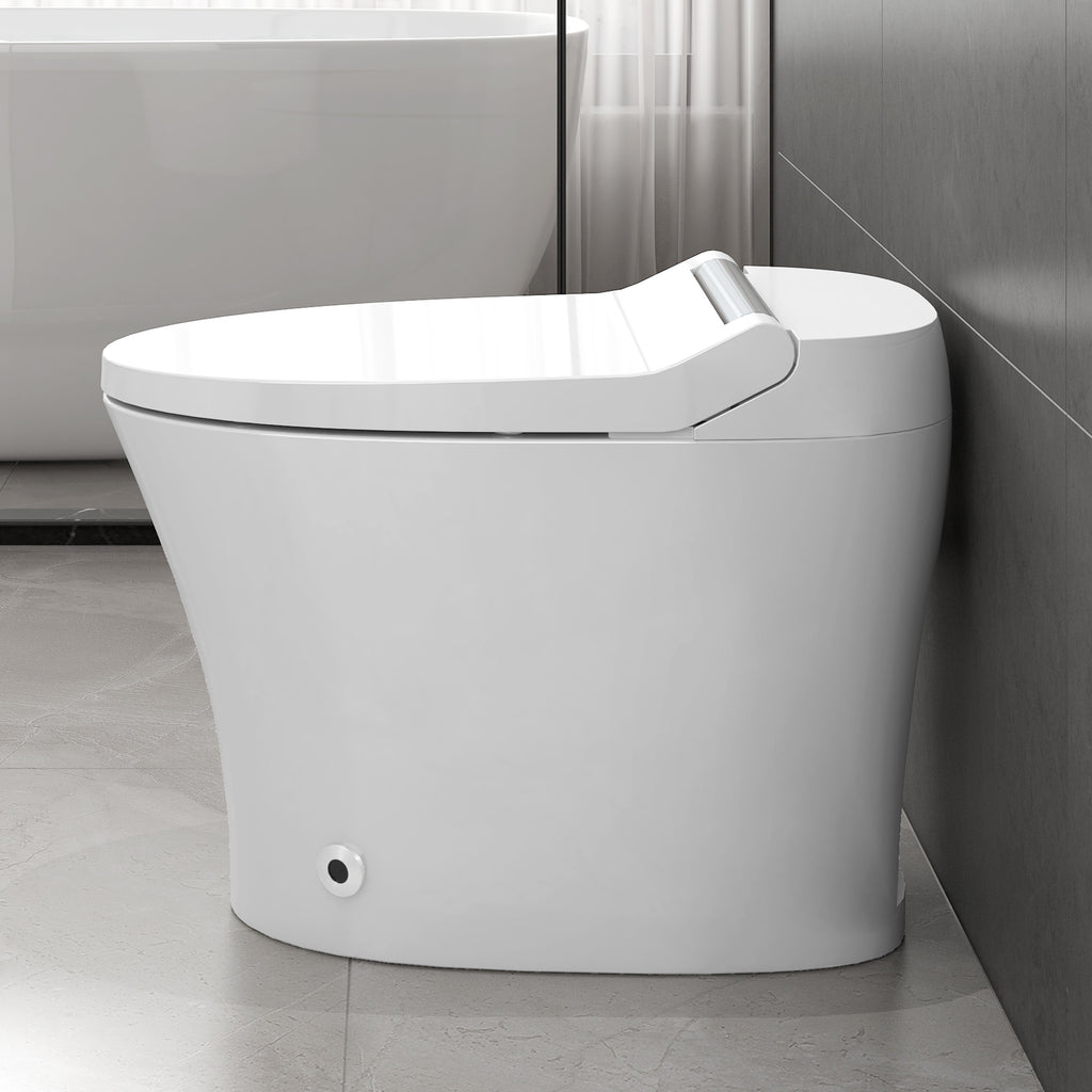 KZG smart elongated toilet with heated seat, foot sensor flush, and night light in white and silver — image 3