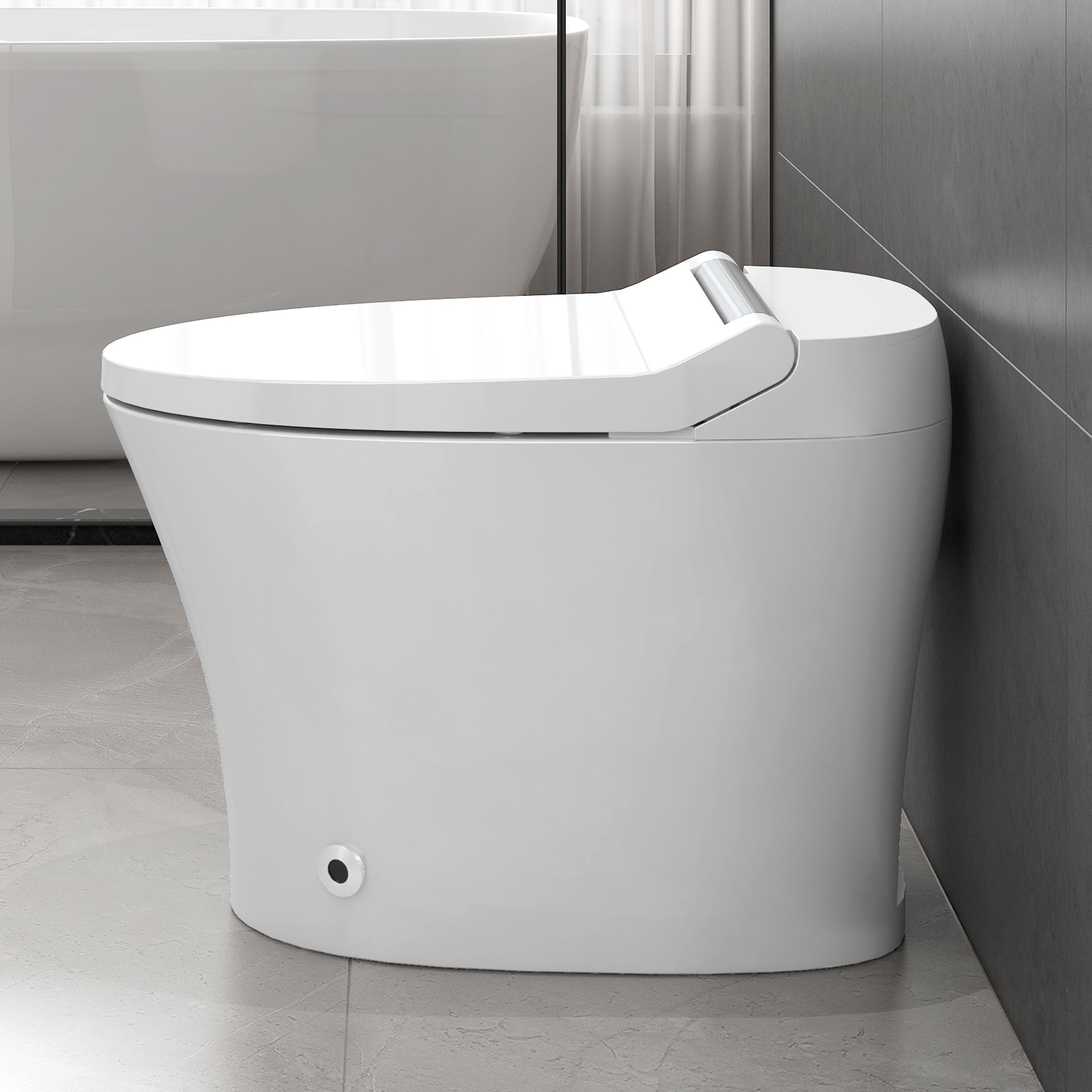 KZG smart elongated toilet with heated seat, foot sensor flush, and night light in white and silver — image 3
