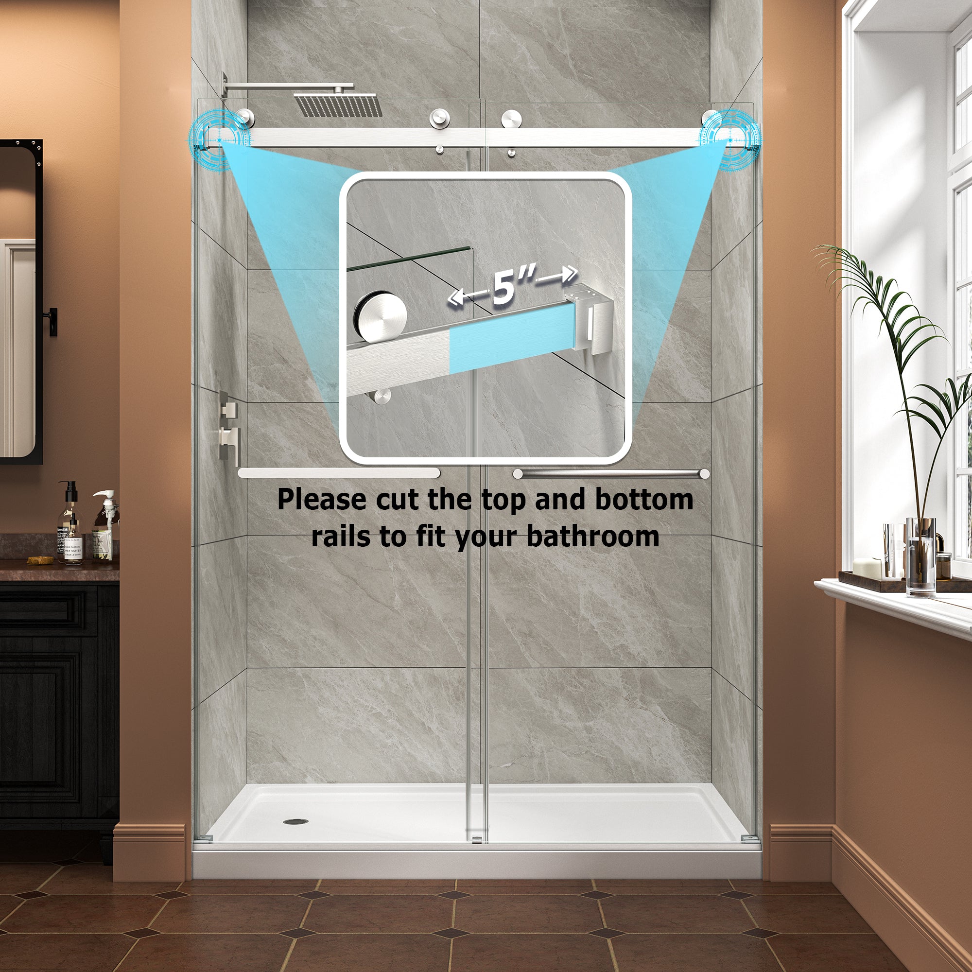 KZG 55-60 inch reversible bypass frameless shower door in brushed nickel with tempered glass — image 4