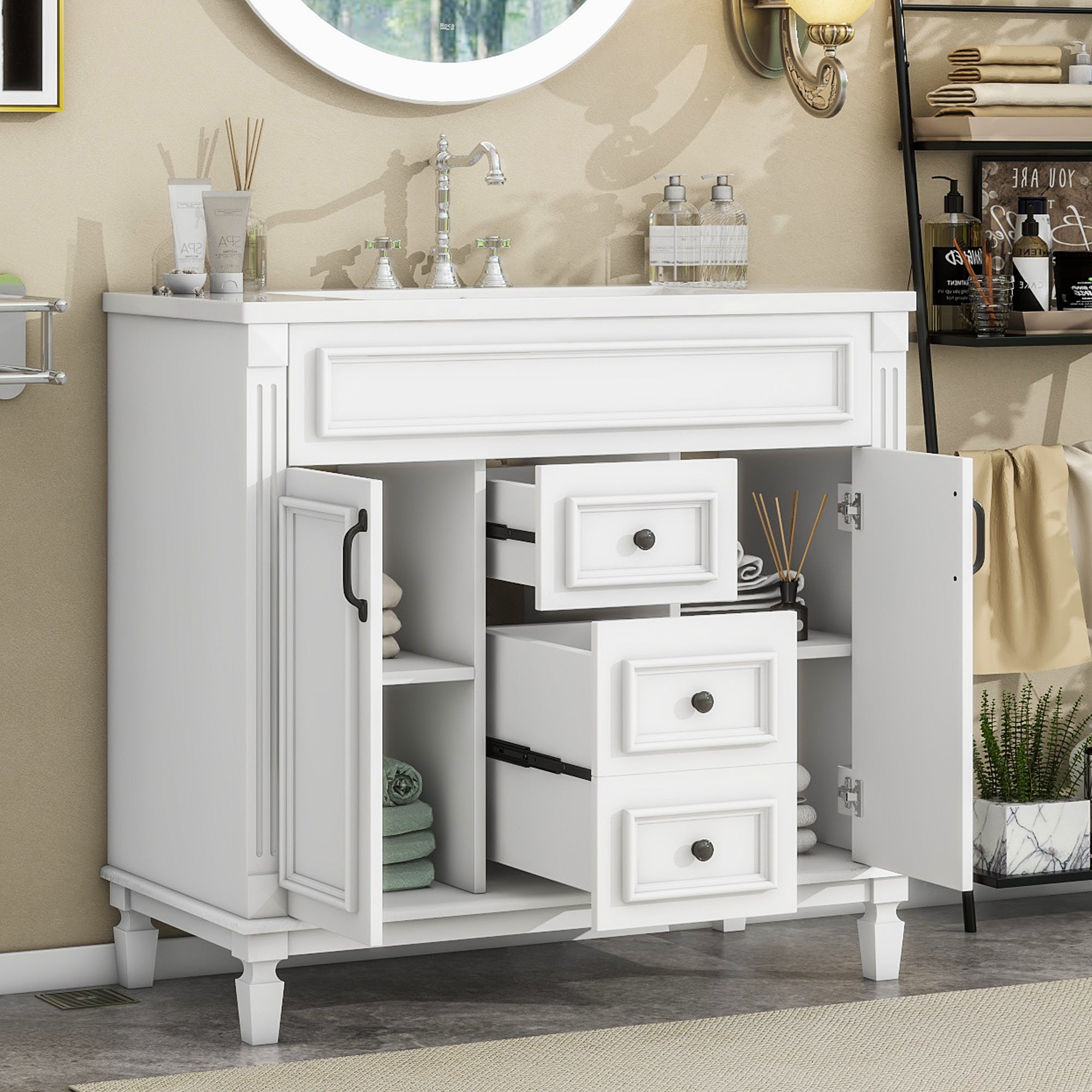 KZG 36-inch modern white bathroom vanity with ceramic sink basin and soft-close doors — image 6