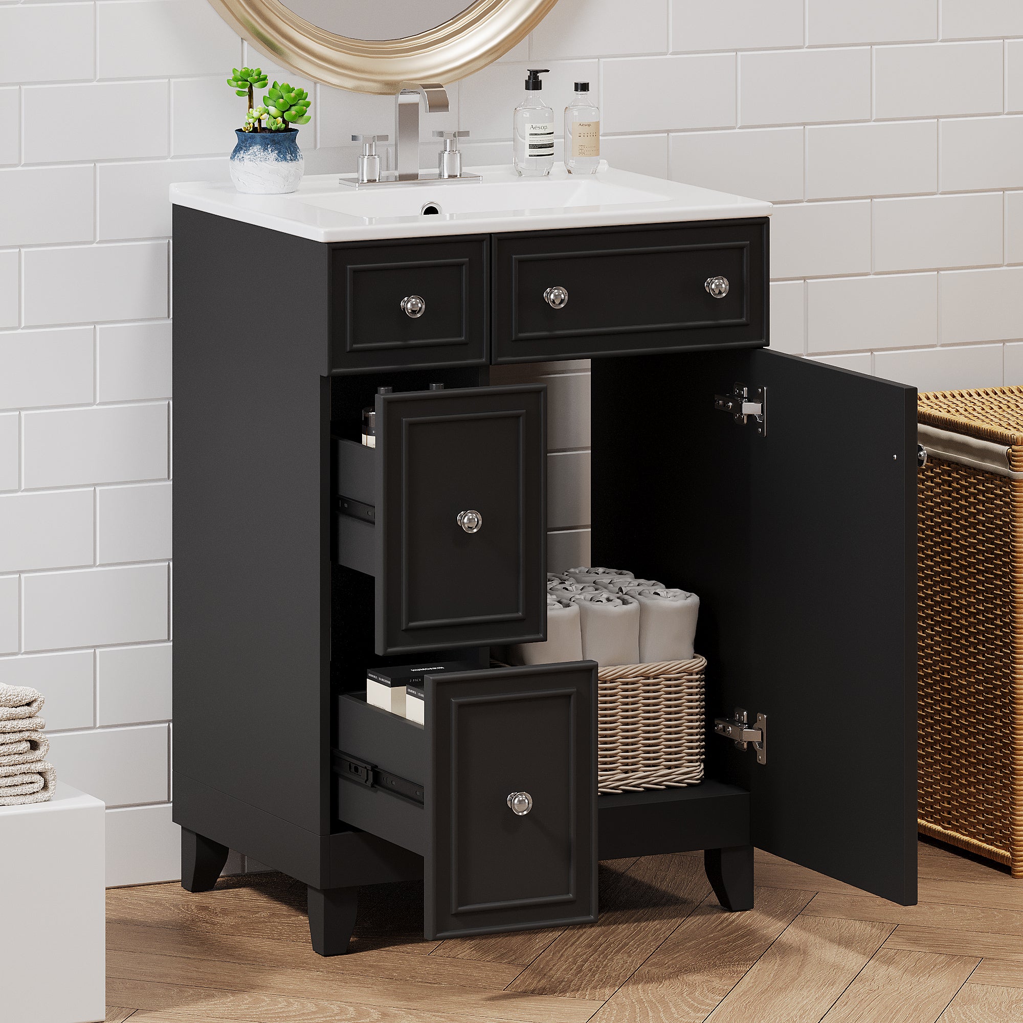 Black 24-inch transitional bathroom vanity with ceramic sink and gold handles — image 4