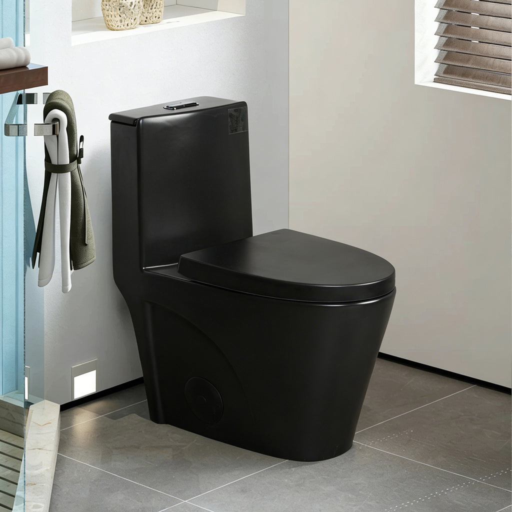 KZG one-piece black ceramic toilet with elongated comfort height bowl and soft-closing seat — image 1