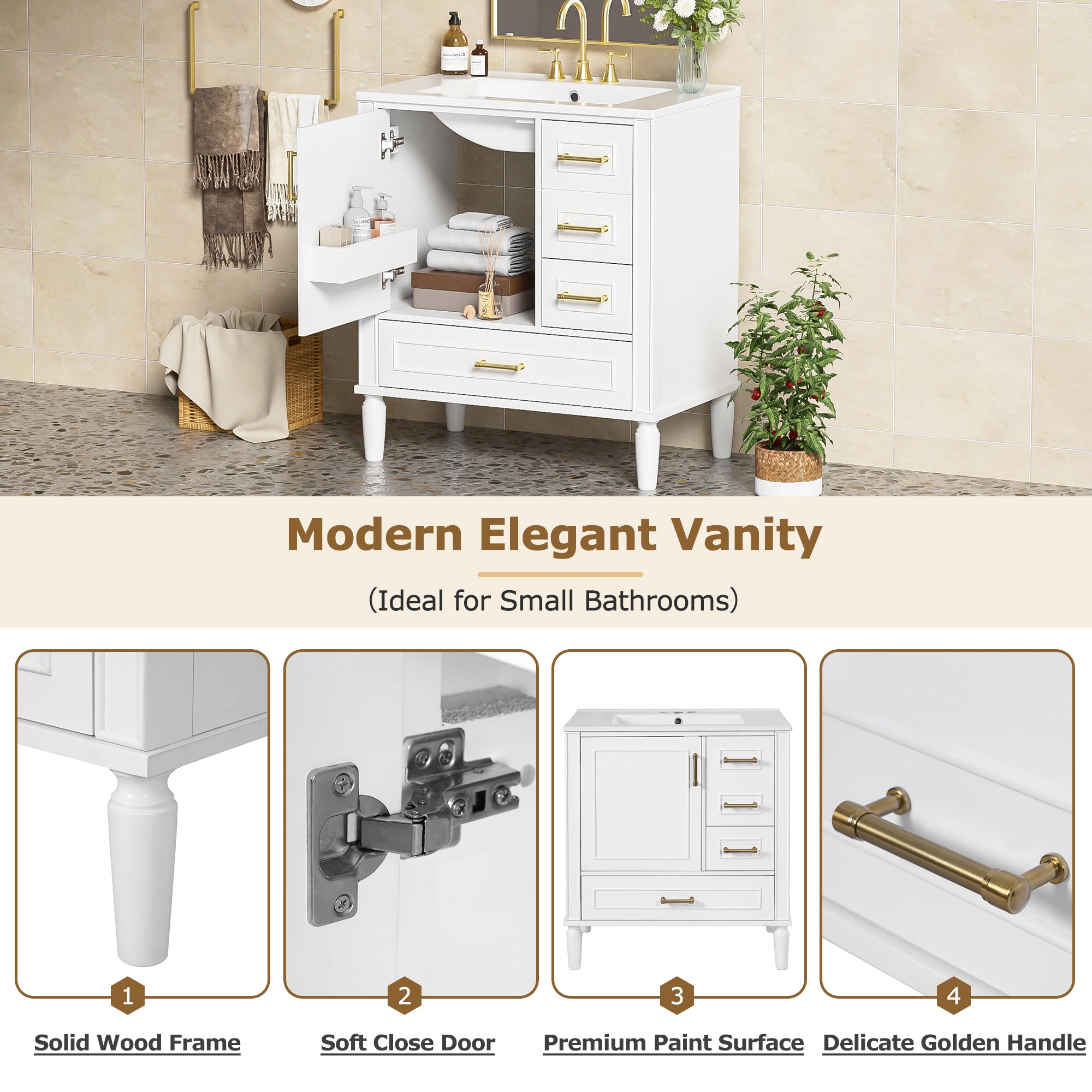 KZG 30-inch modern white bathroom vanity with ceramic sink and soft-close door — image 6