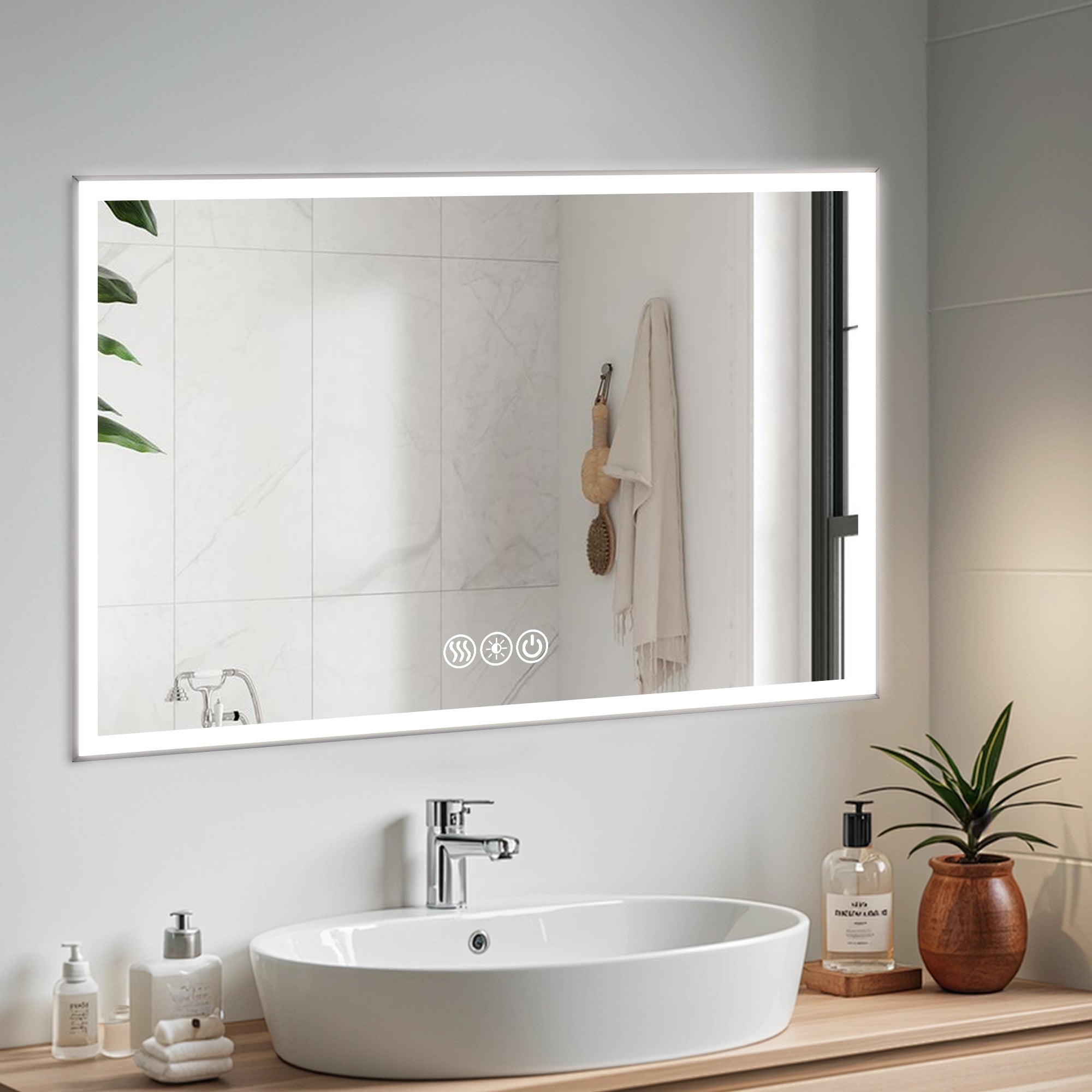 KZG modern LED bathroom vanity mirror, 48x32 in., silver aluminum frame with beveled lights and anti-fog coating — image 6