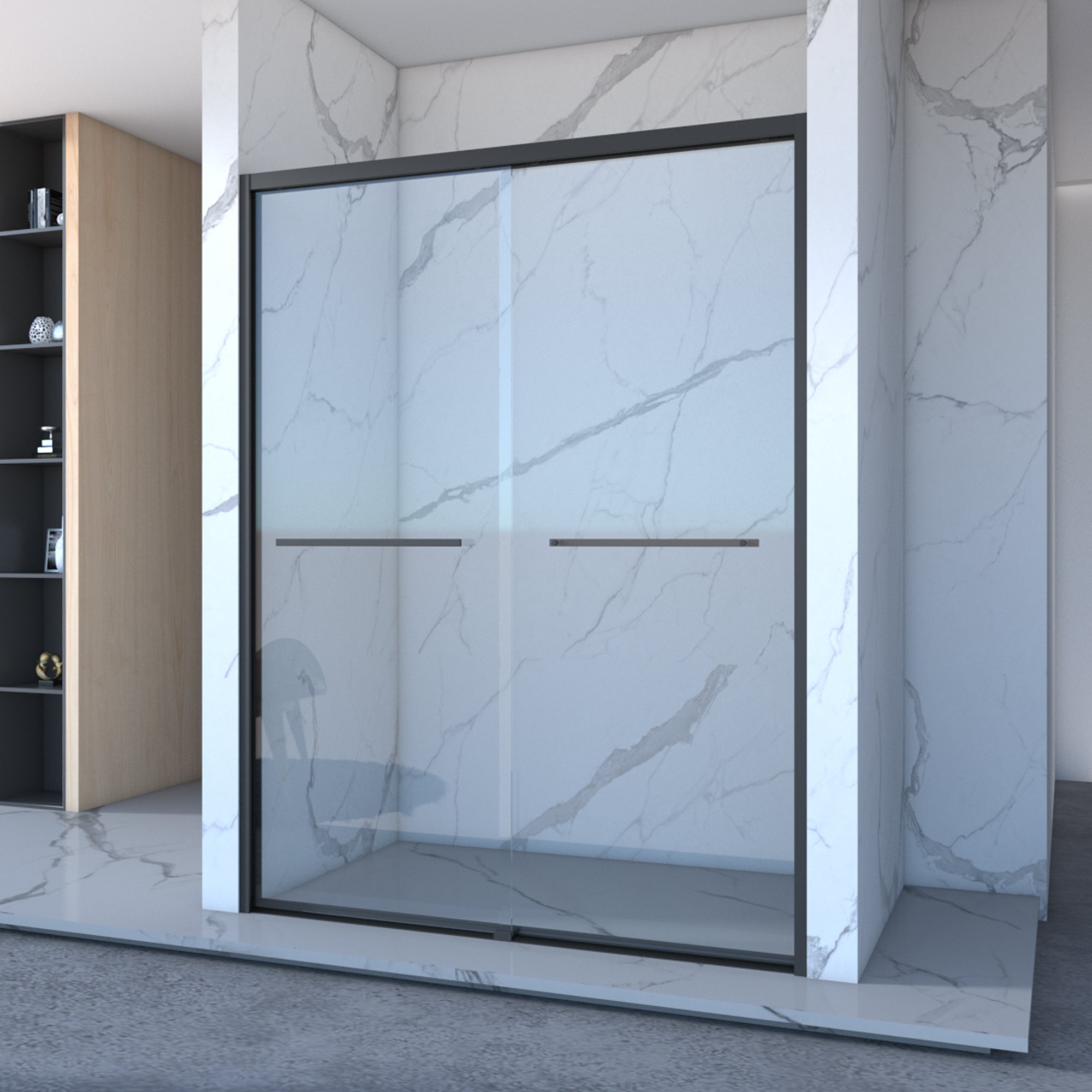 KZG matte black aluminum double sliding shower door with clear tempered glass and black hardware — image 2