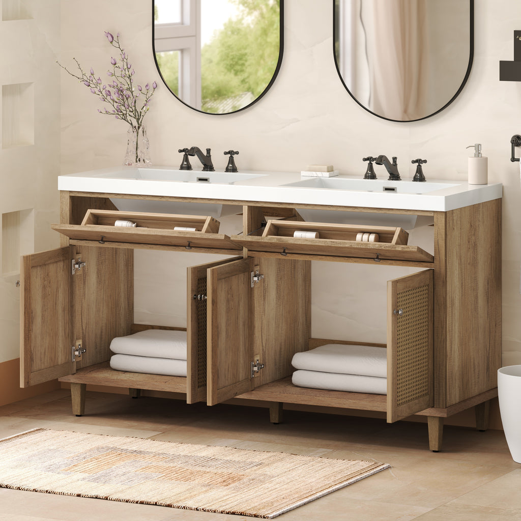 60-inch wood-finish double-sink vanity with SMC basins and storage — image 5