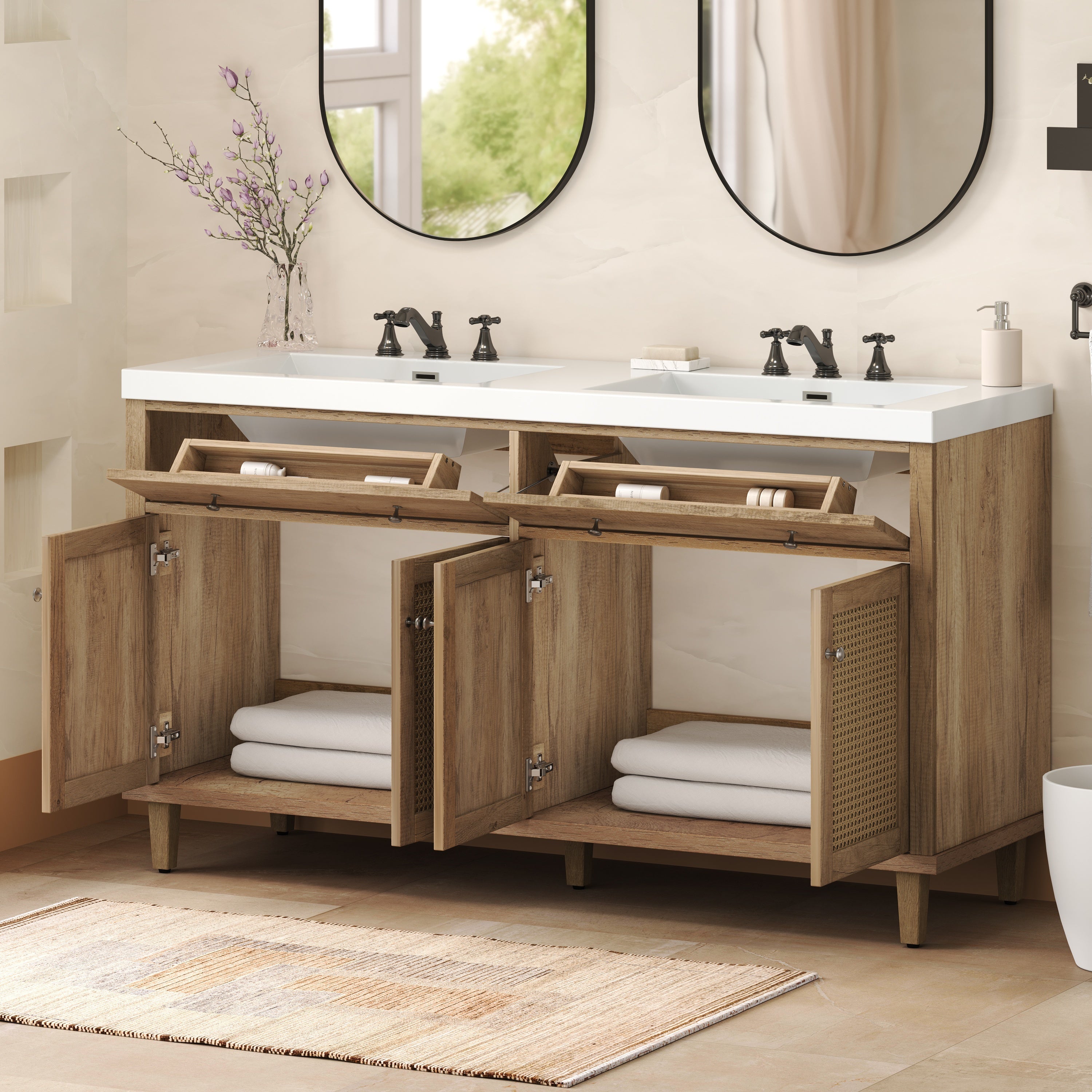 60-inch wood-finish double-sink vanity with SMC basins and storage — image 5
