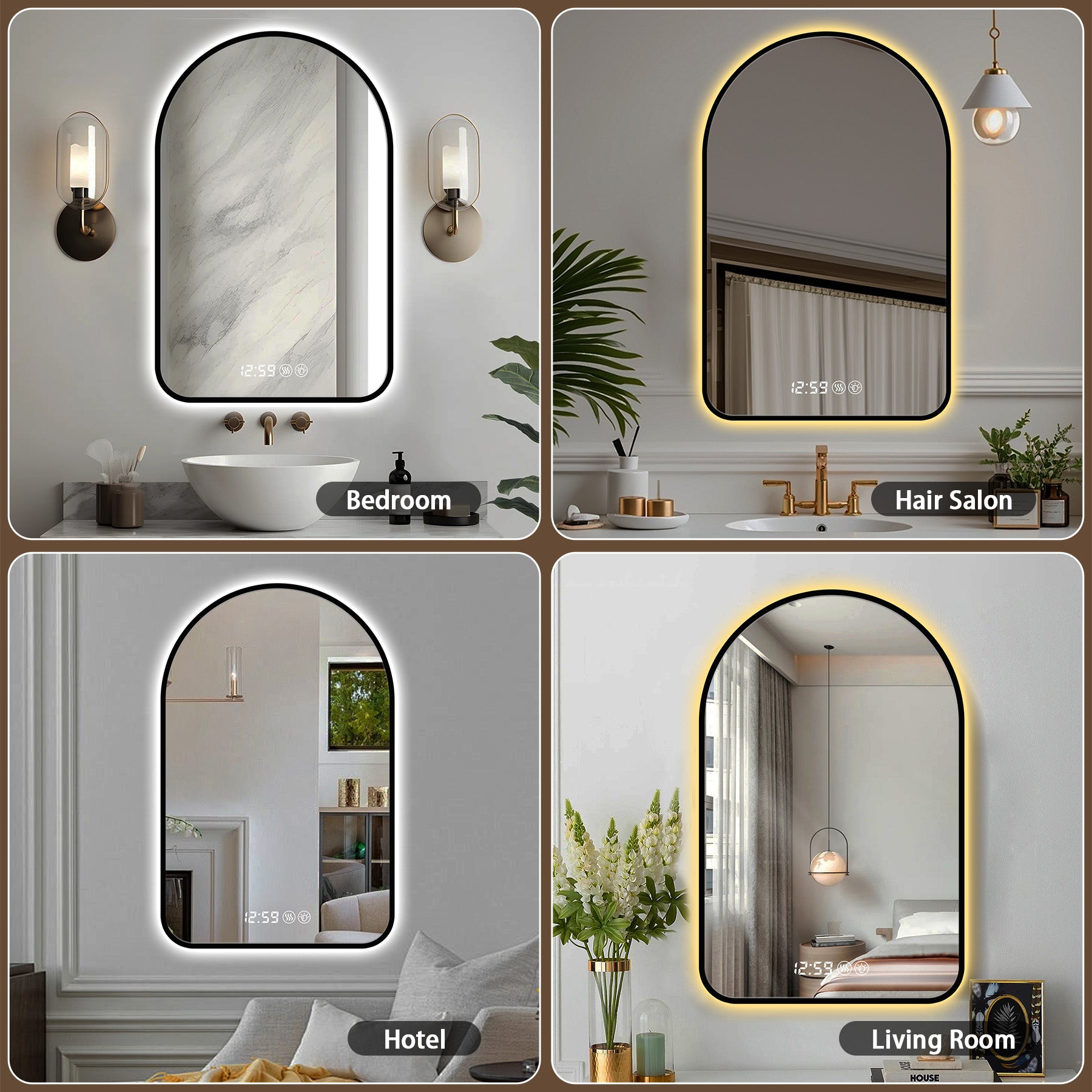 KZG 32x60 in. arched LED vanity mirror with time display and anti-fog coating in black frame — image 6