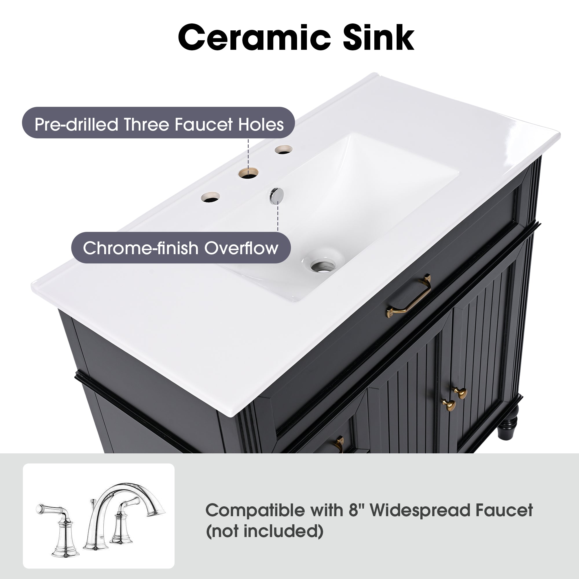 KZG 36-inch black bathroom vanity with ceramic sink and drawer storage — image 7