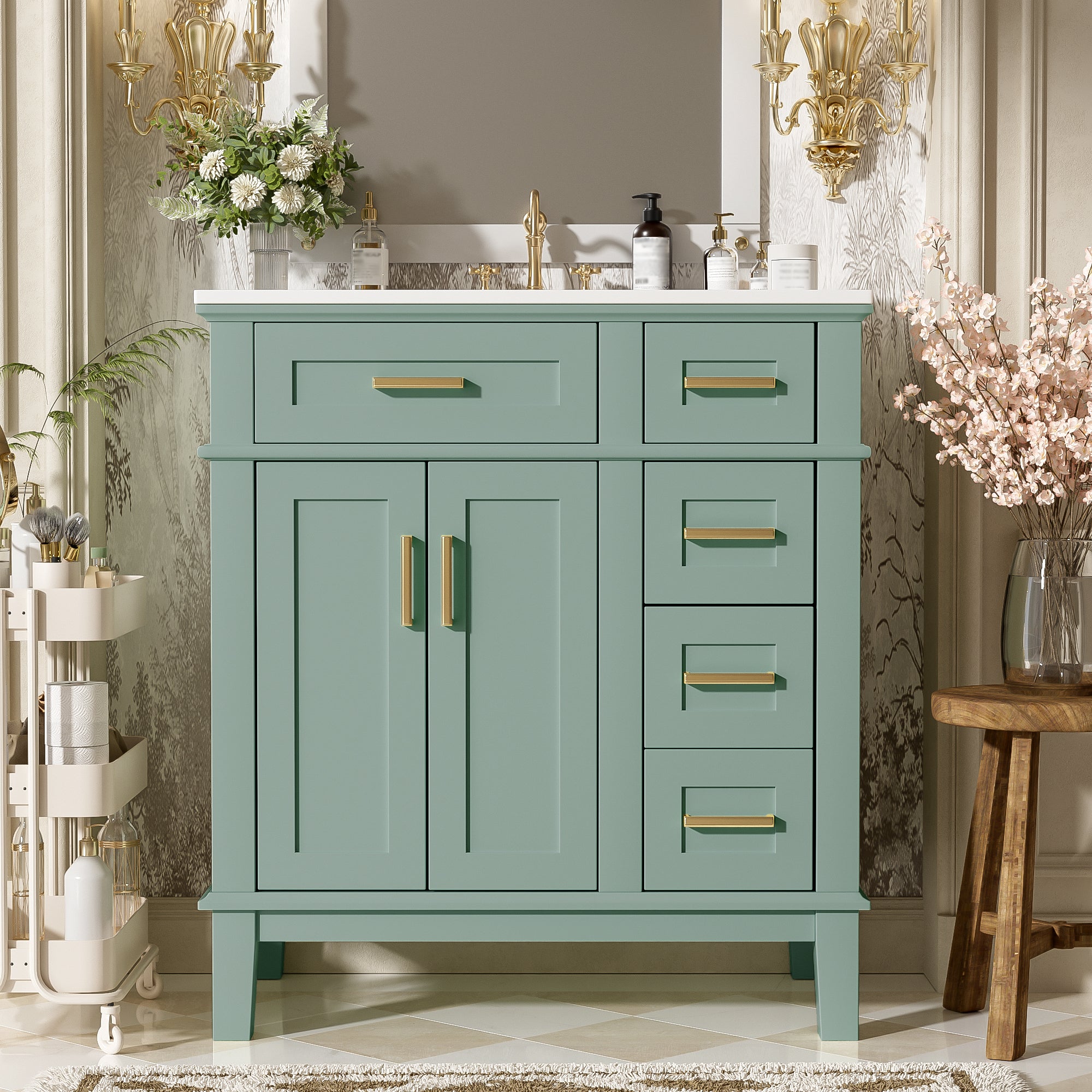 KZG 30-inch modern light green bathroom vanity with ceramic sink and soft-close doors — image 5