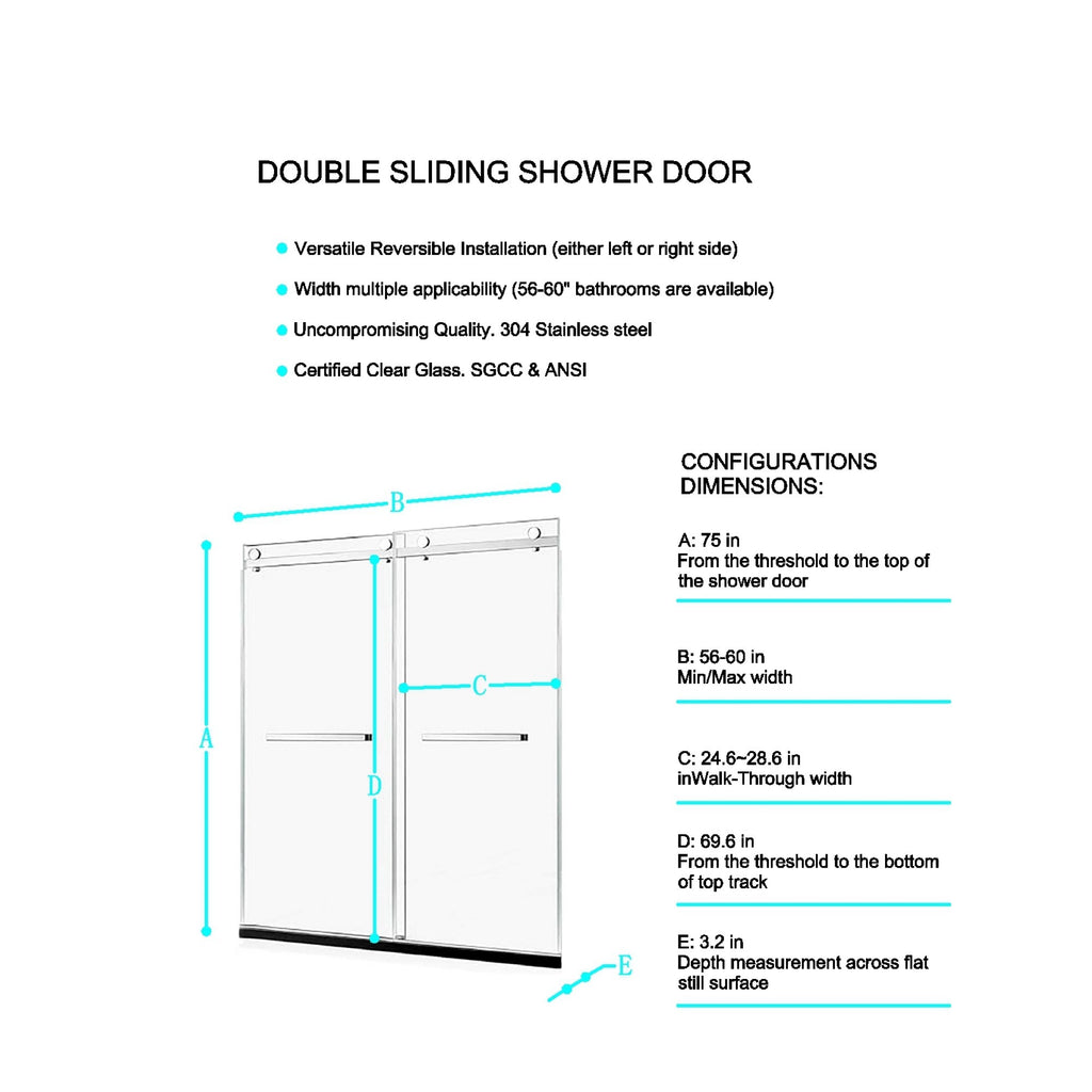 KZG 56-60 in. frameless double sliding shower door in matte black with 8mm tempered clear glass — image 2