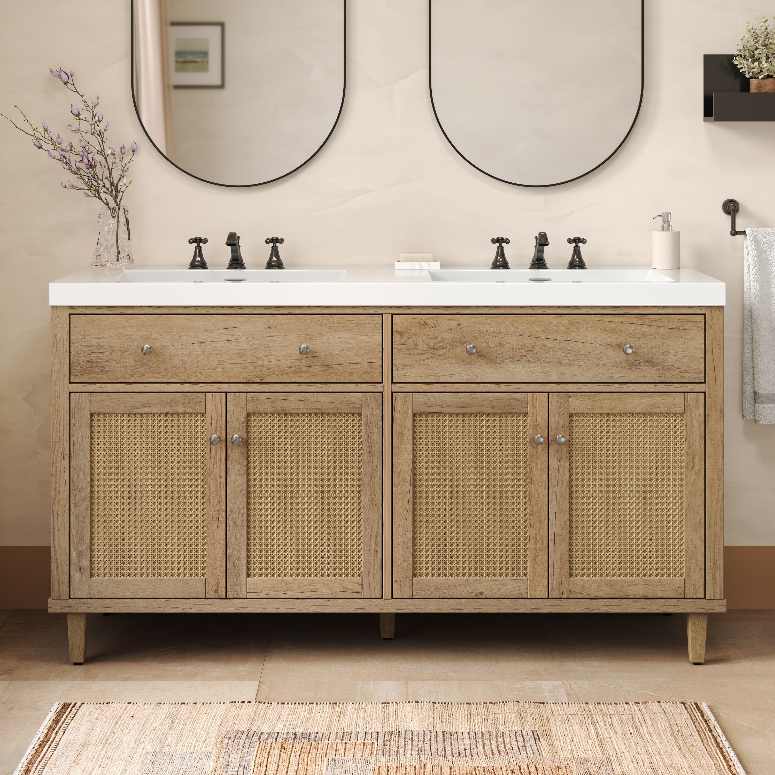 60-inch wood-finish double-sink vanity with SMC basins and storage — image 2
