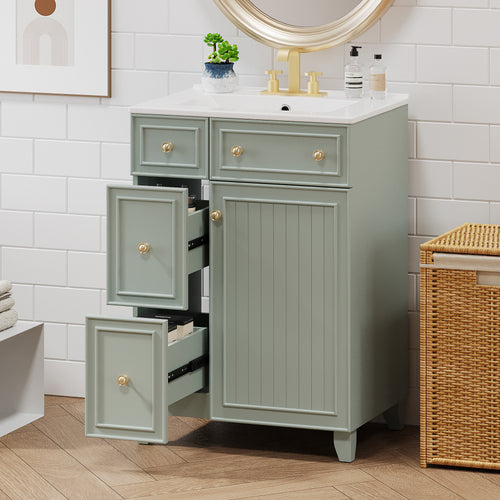 Green 24-inch bathroom vanity with ceramic sink — image 4