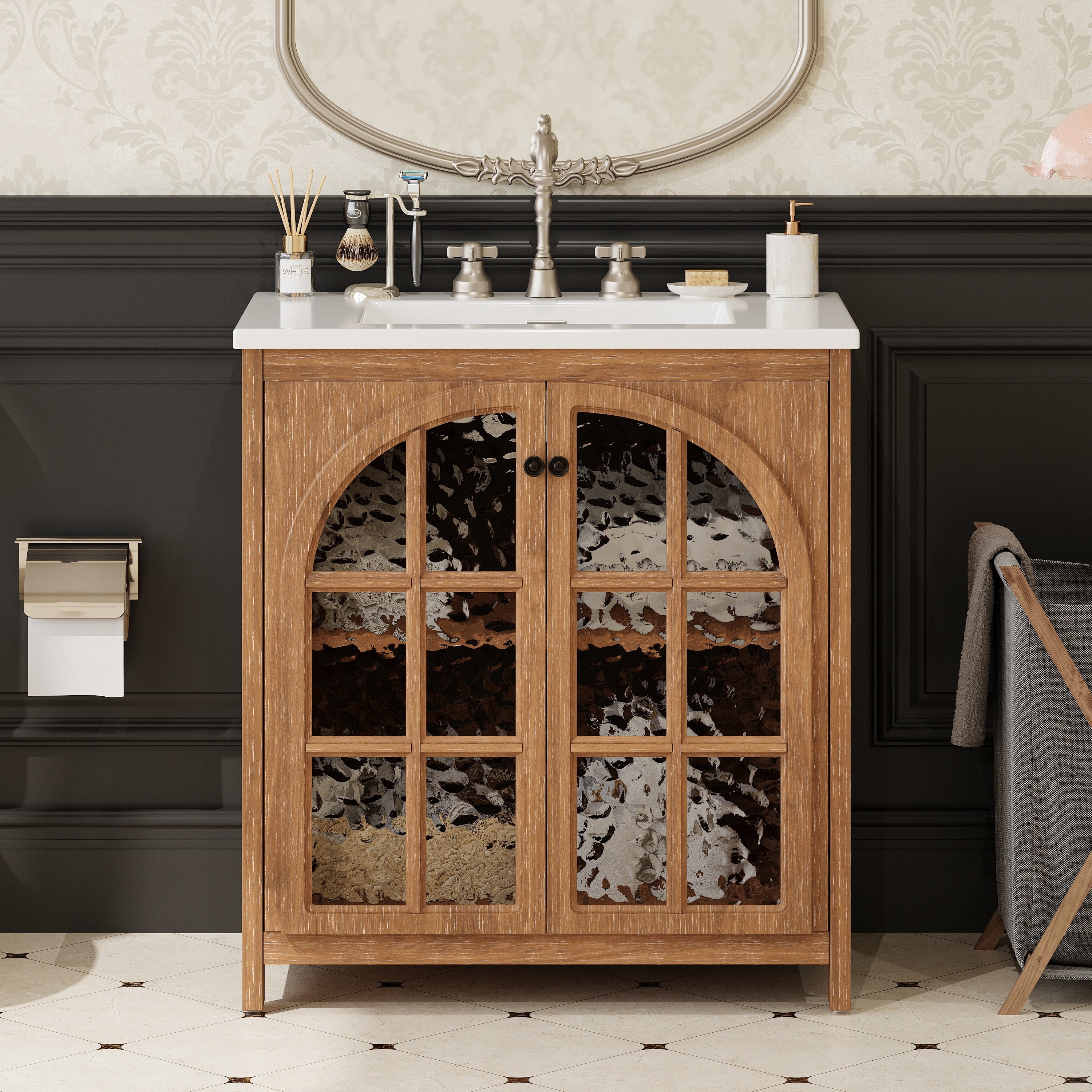 KZG 31 inch vintage rustic bathroom vanity with ceramic sink in antique natural finish — image 2