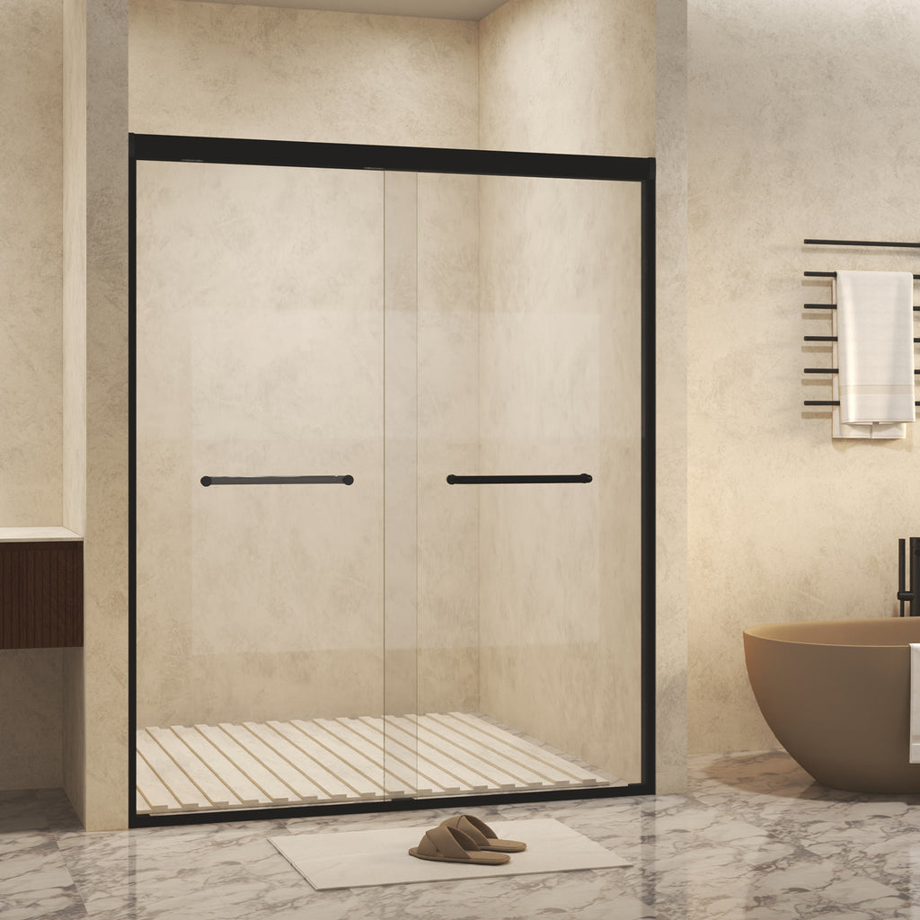 Matte black aluminum frame sliding shower door with tempered glass — image 4