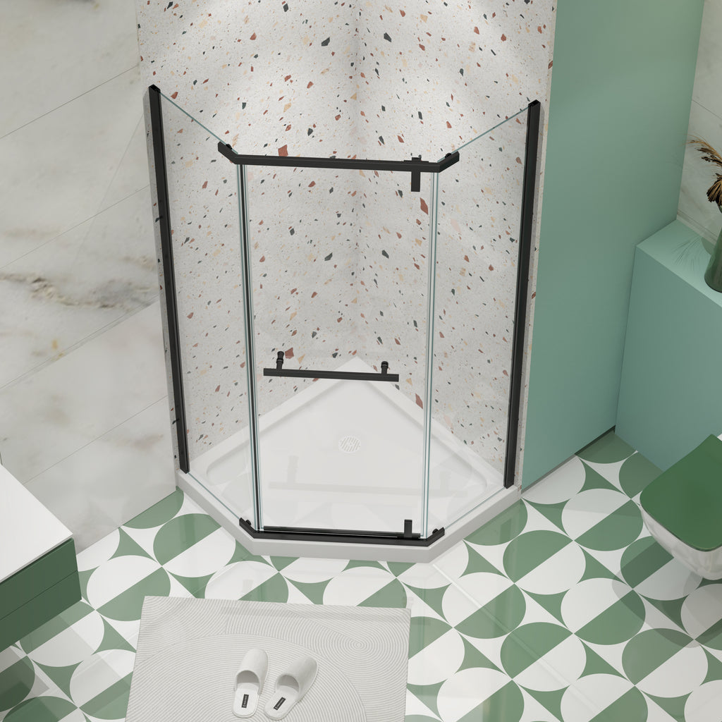 Matte black frameless neo-angle pivot shower door with tempered glass — image 3
