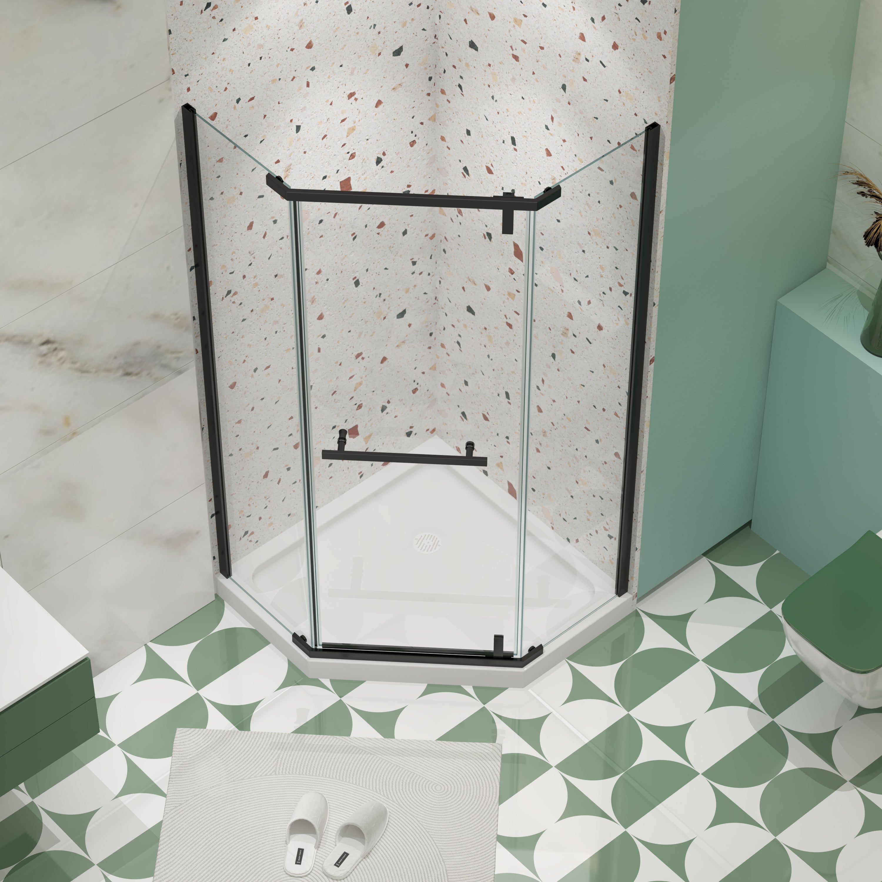 Matte black frameless neo-angle pivot shower door with tempered glass — image 3