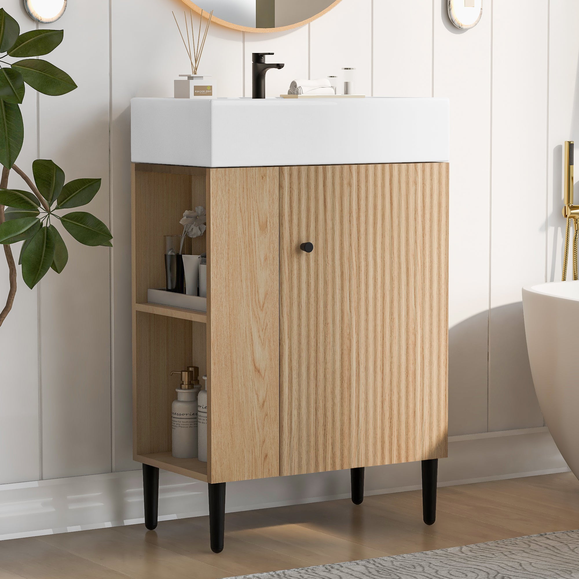 KZG modern wood bathroom vanity with ceramic sink and gold handles — image 4