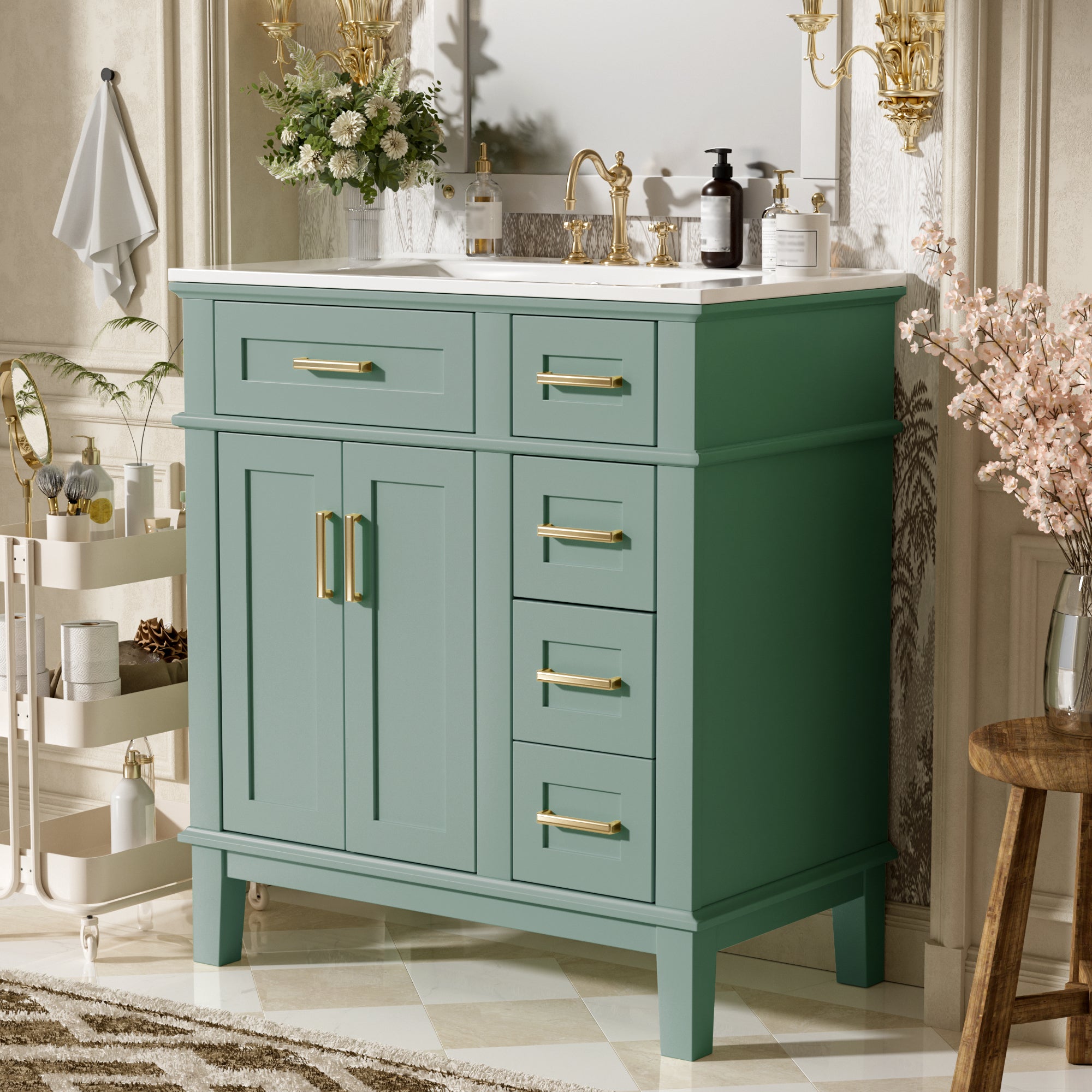 KZG 30-inch modern light green bathroom vanity with ceramic sink and soft-close doors — image 4