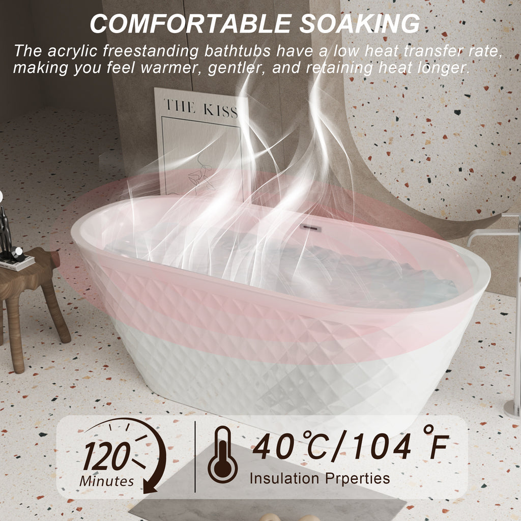KZG 59-inch oval freestanding acrylic soaking tub in gloss white with chrome overflow and pop-up drain — image 5