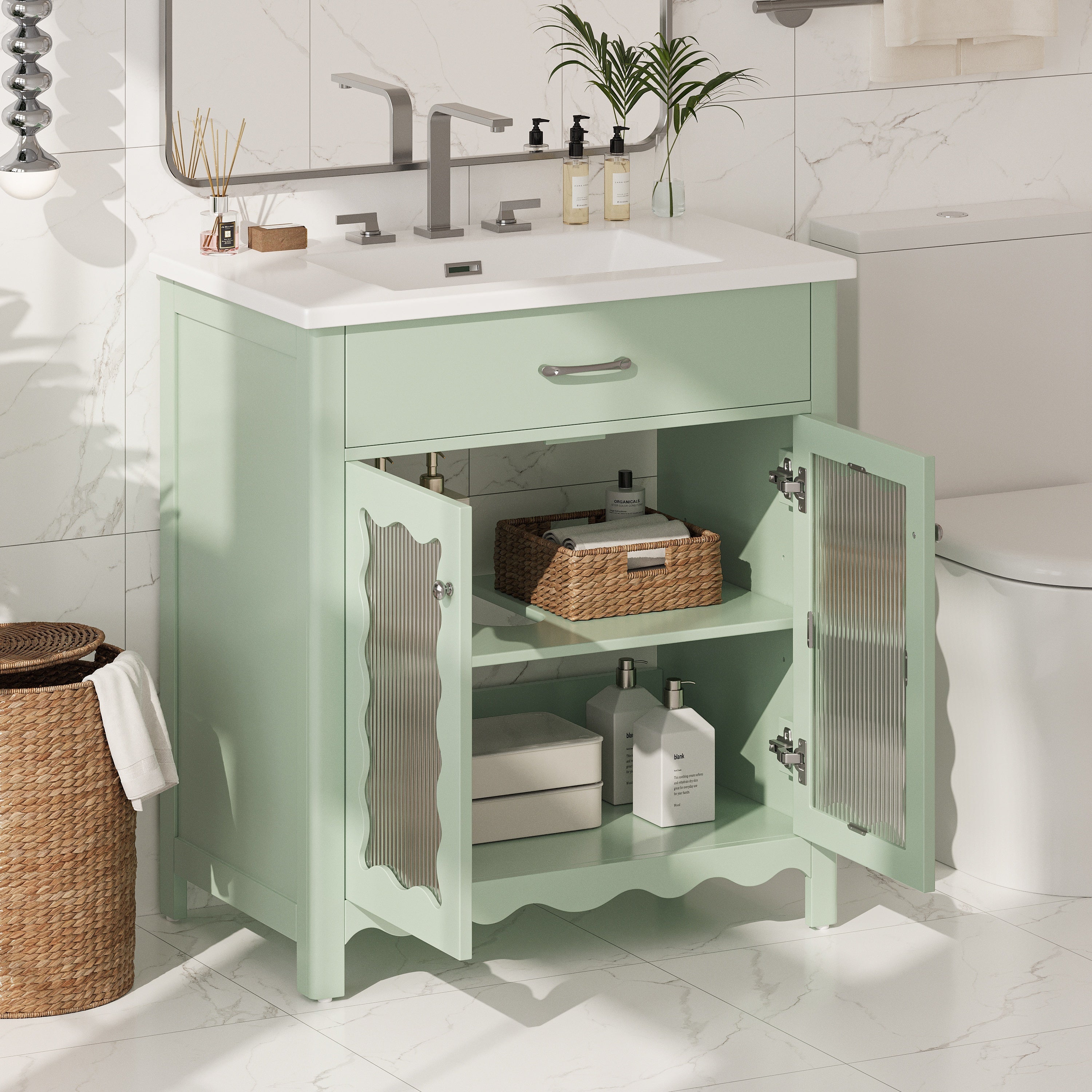 Green bathroom vanity with tempered glass doors and curved profile — image 4