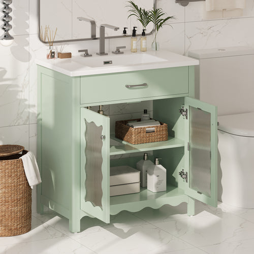 Green bathroom vanity with tempered glass doors and curved profile — image 4