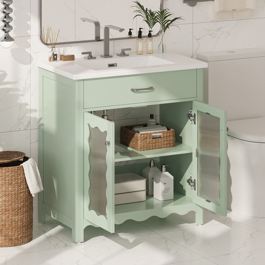 KZG modern green bathroom vanity 31 in. with tempered glass doors and rubber wood legs — image 4
