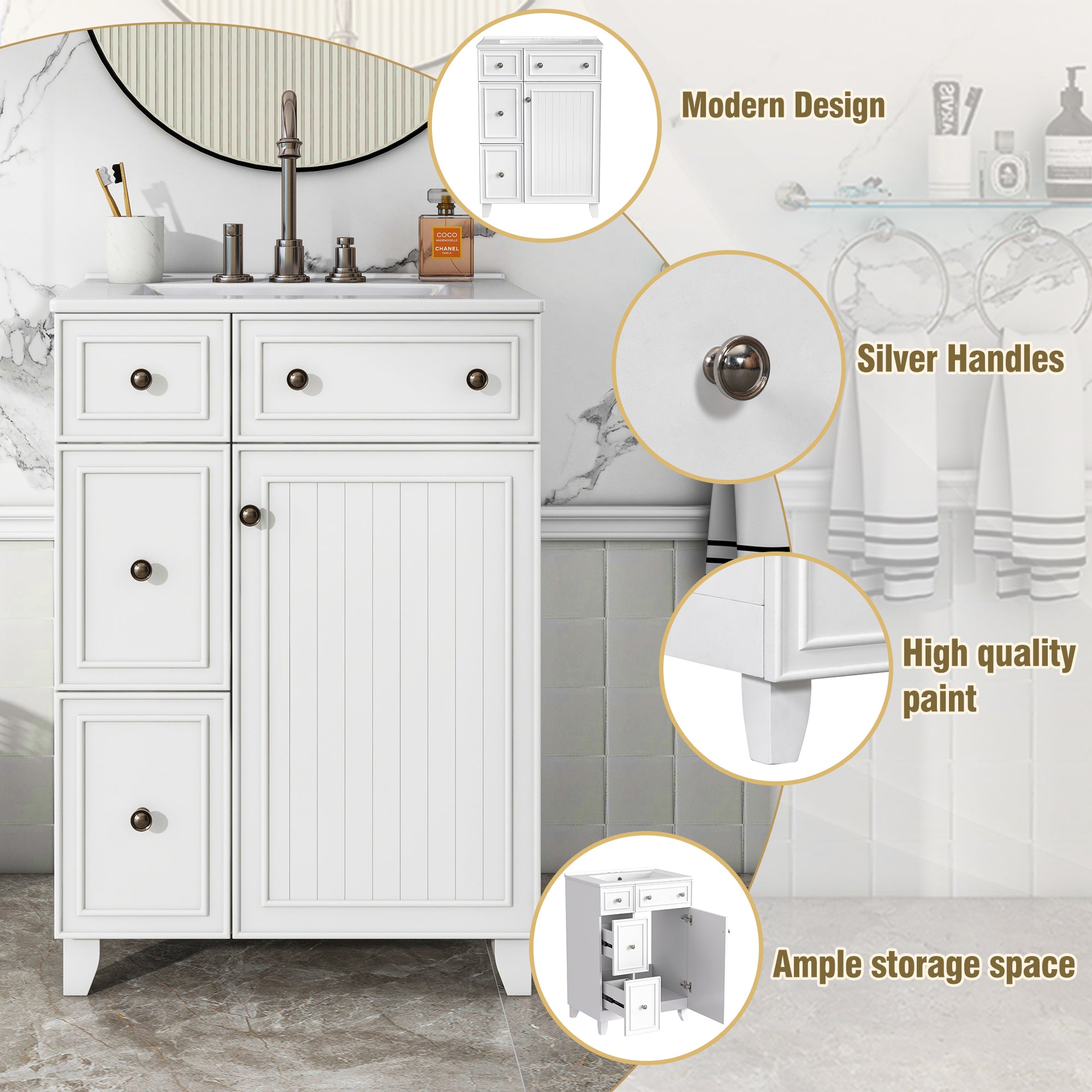 White transitional bathroom vanity, 24 in. wide with ceramic sink — image 6