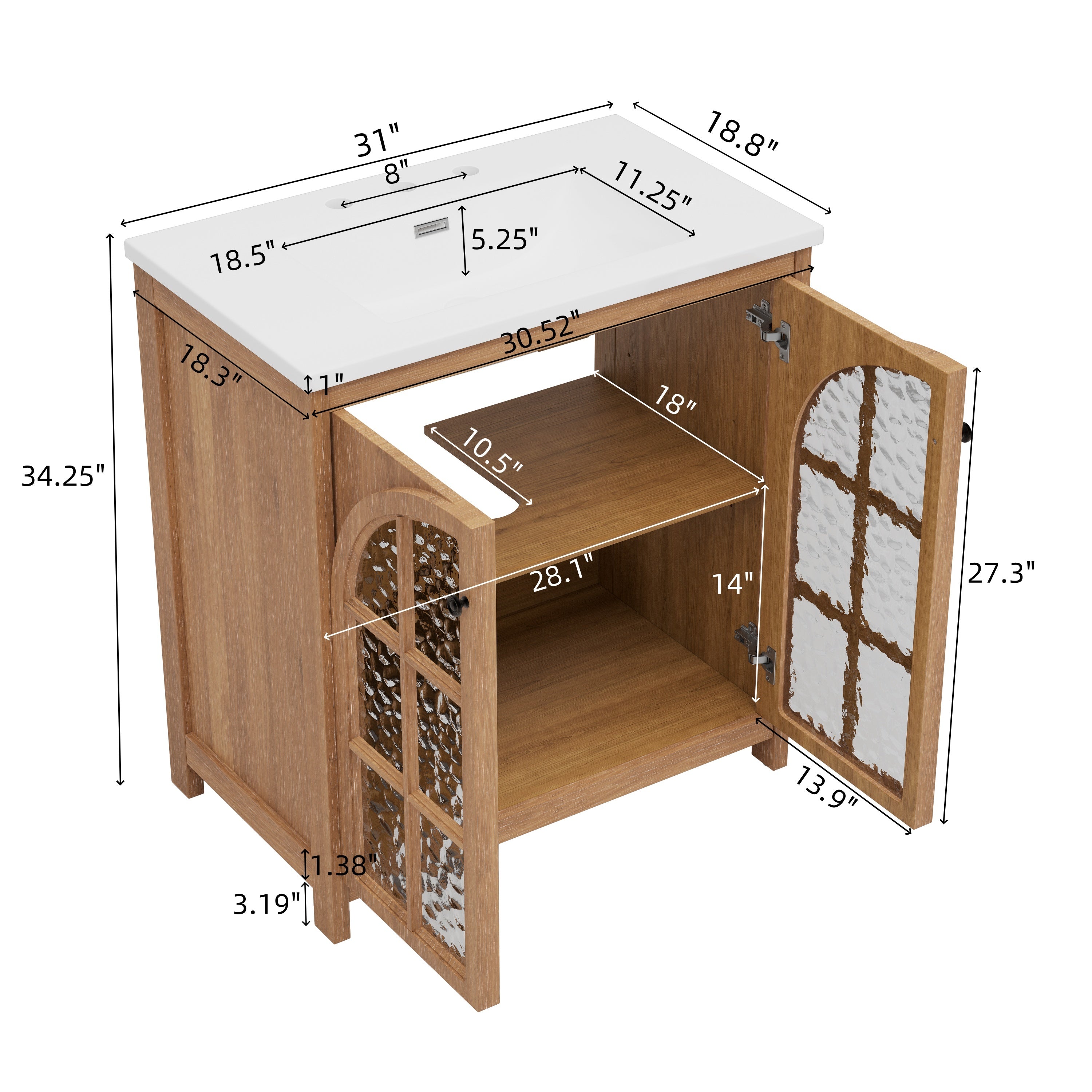 KZG 31 inch vintage rustic bathroom vanity with ceramic sink in antique natural finish — image 3