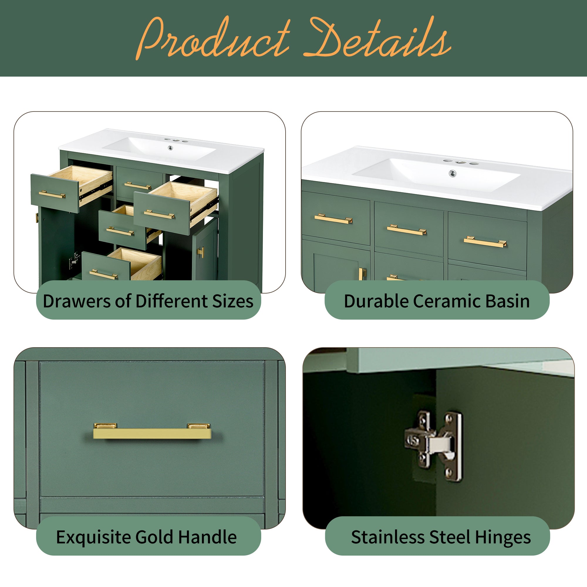 KZG 36in modern green bathroom vanity with ceramic sink and soft-close doors — image 7