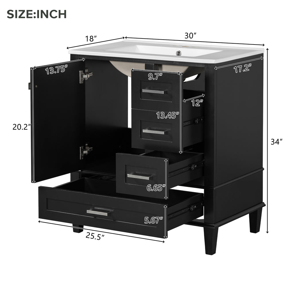 KZG modern black bathroom vanity with integrated sink, 30 in. wide with three soft-closing drawers — image 3