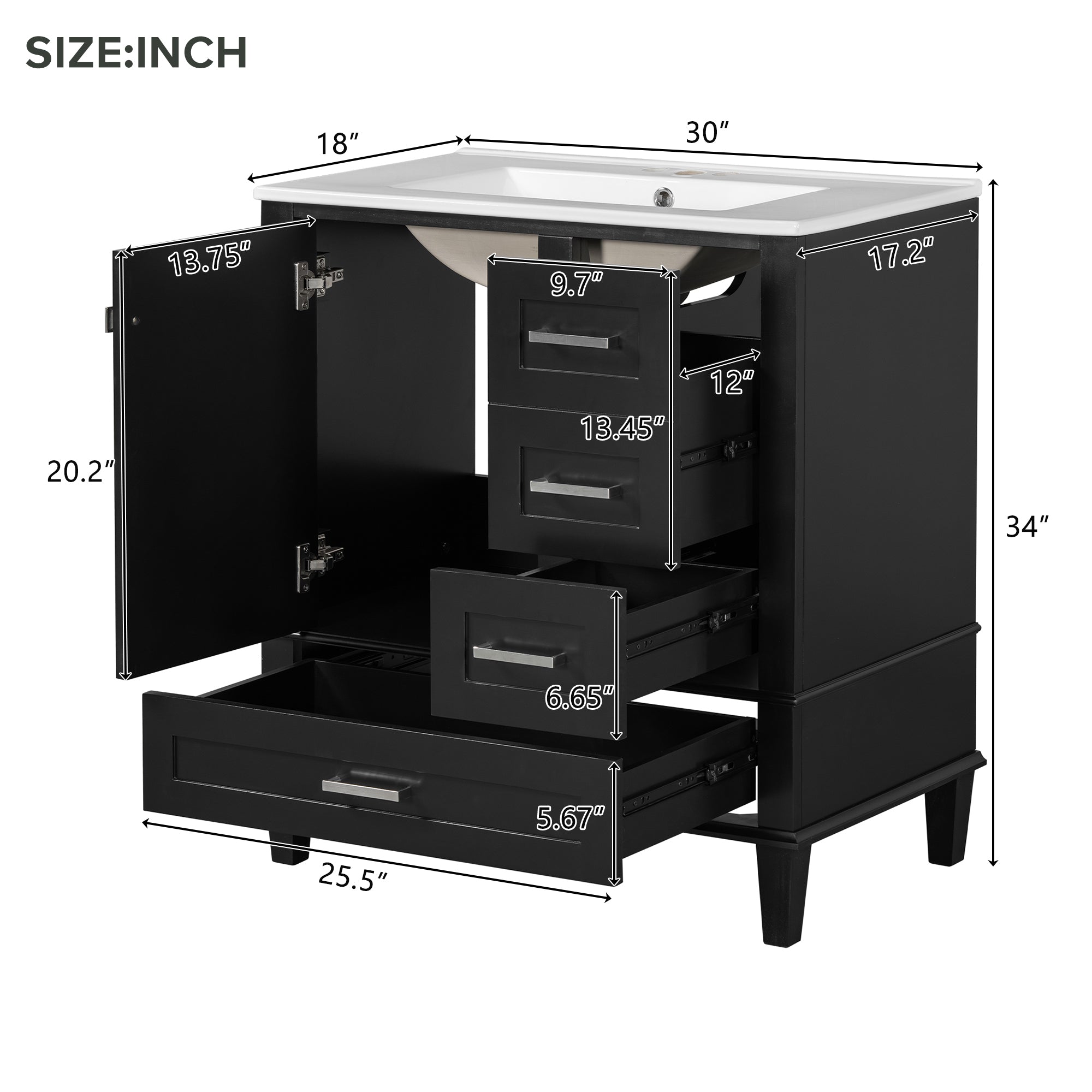 KZG modern black bathroom vanity with integrated sink, 30 in. wide with three soft-closing drawers — image 3