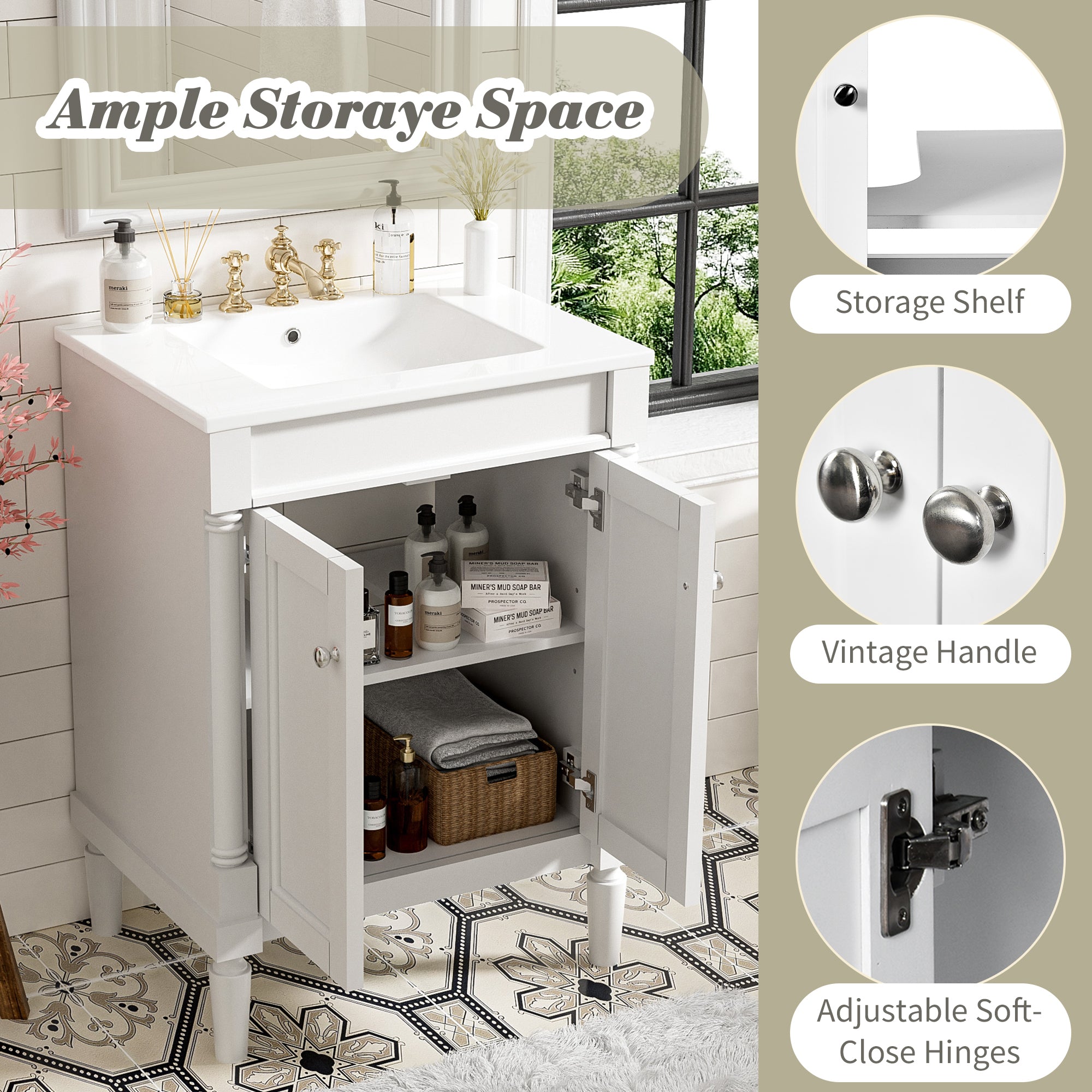White ceramic modern bathroom vanity with 24-inch width and two-door storage — image 7
