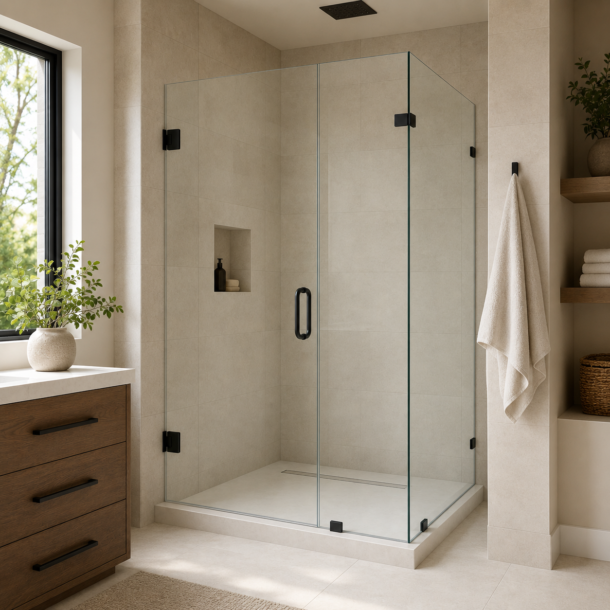 KZG Kzg Alcove Buttress — frameless tempered glass shower in modern American bathroom