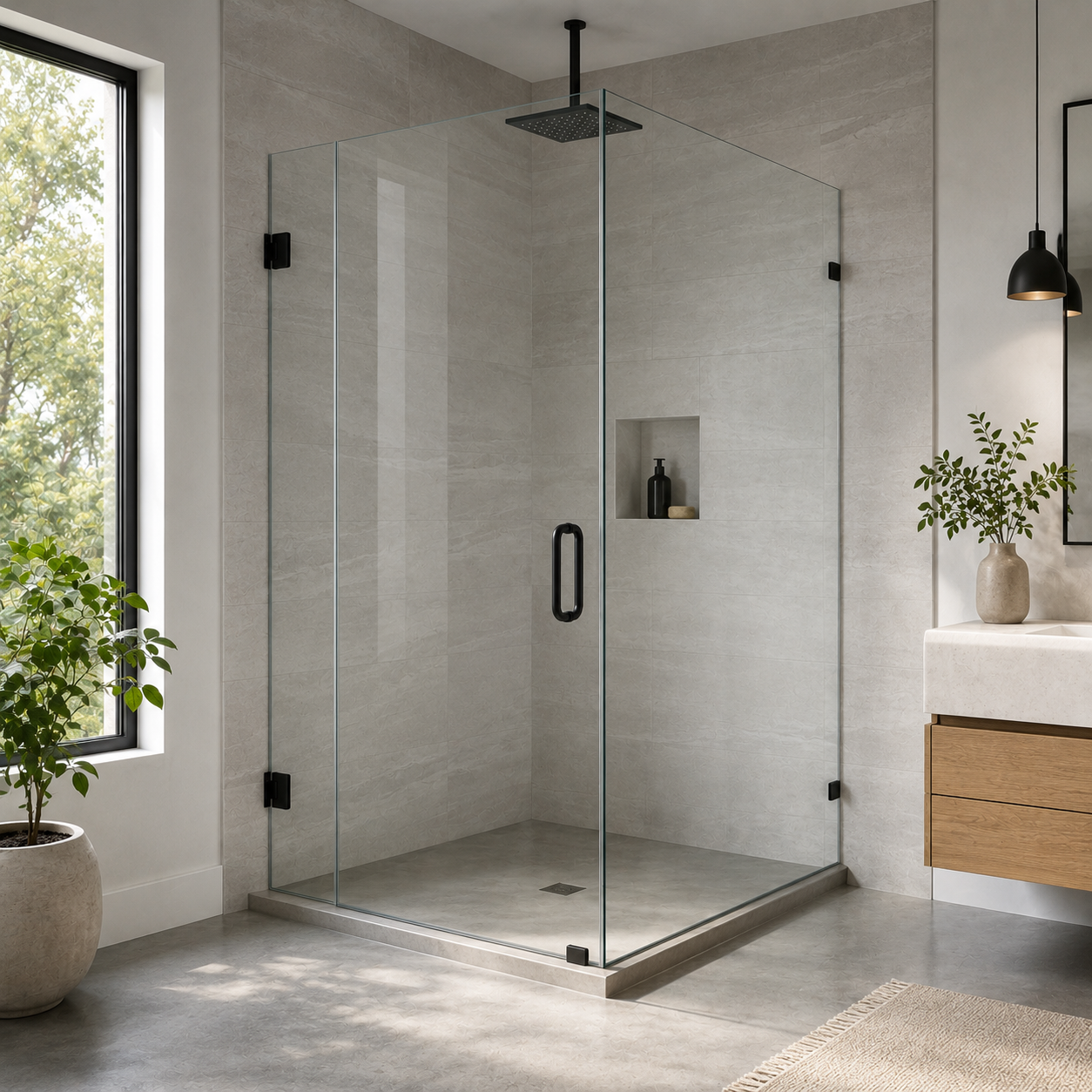 KZG Kzg Corner Enclosure — frameless tempered glass shower in modern American bathroom