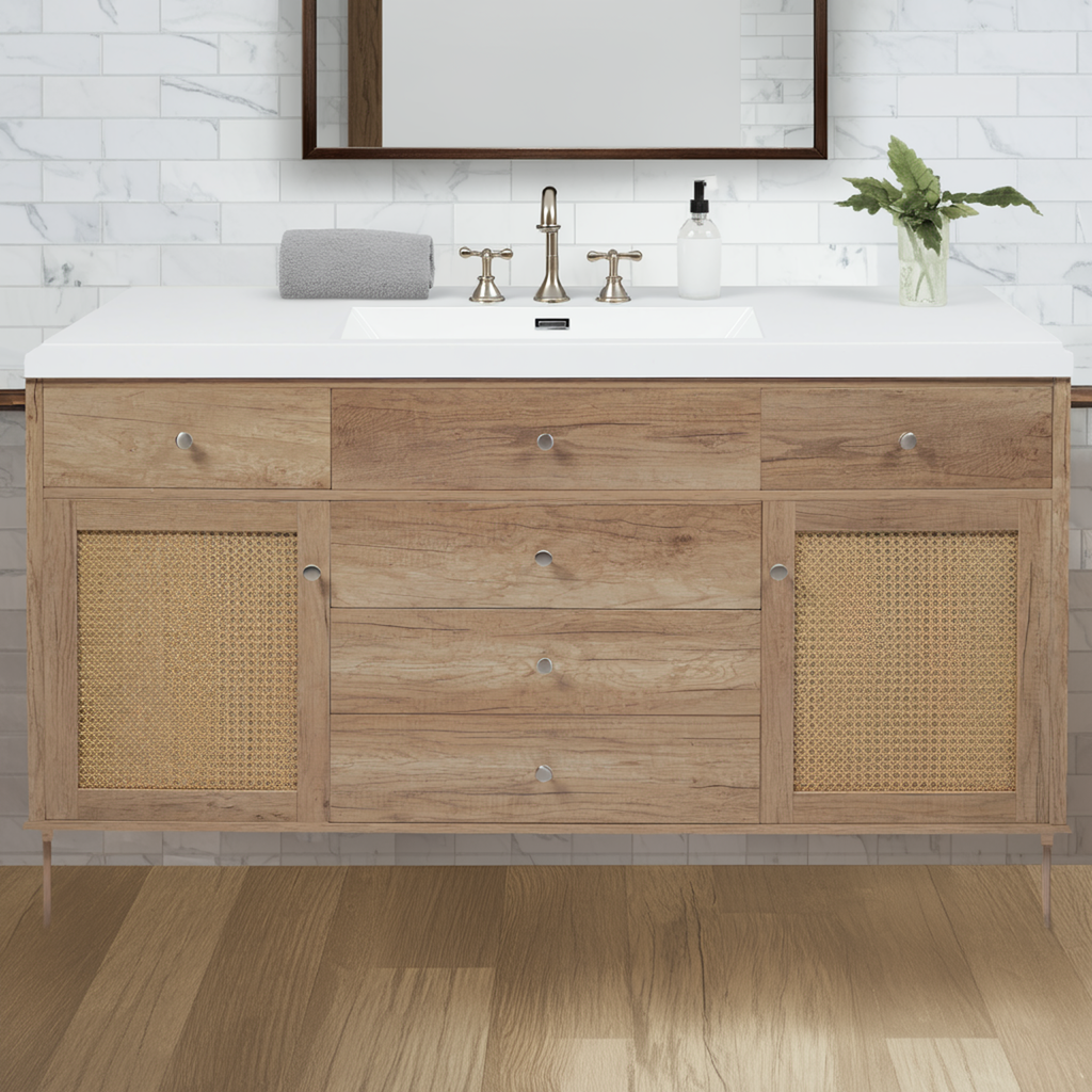 Natural Wood Vanity with SMC Sink — 60 in. — lifestyle 1