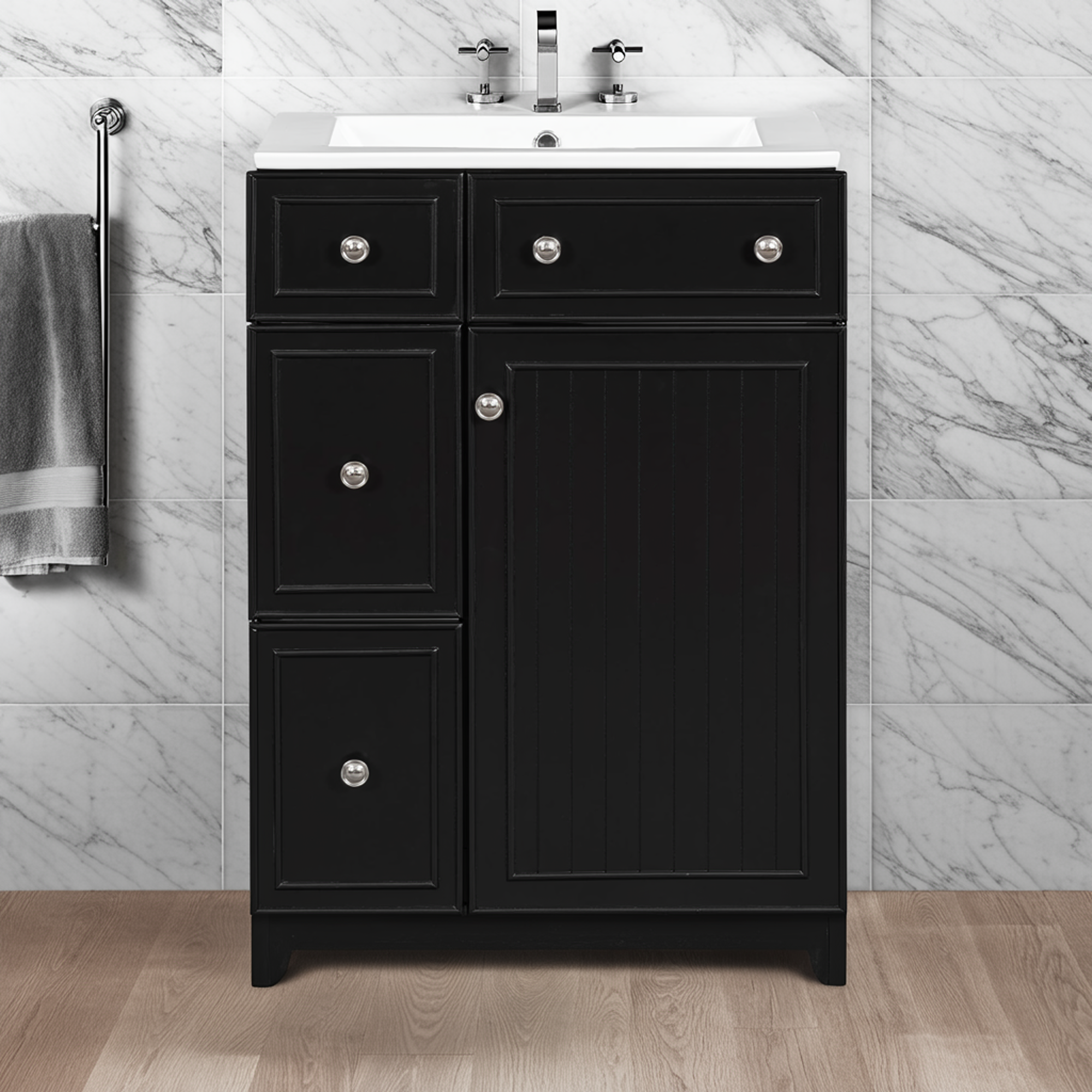 Black Transitional Vanity with Ceramic Sink — 24 in. — lifestyle 3
