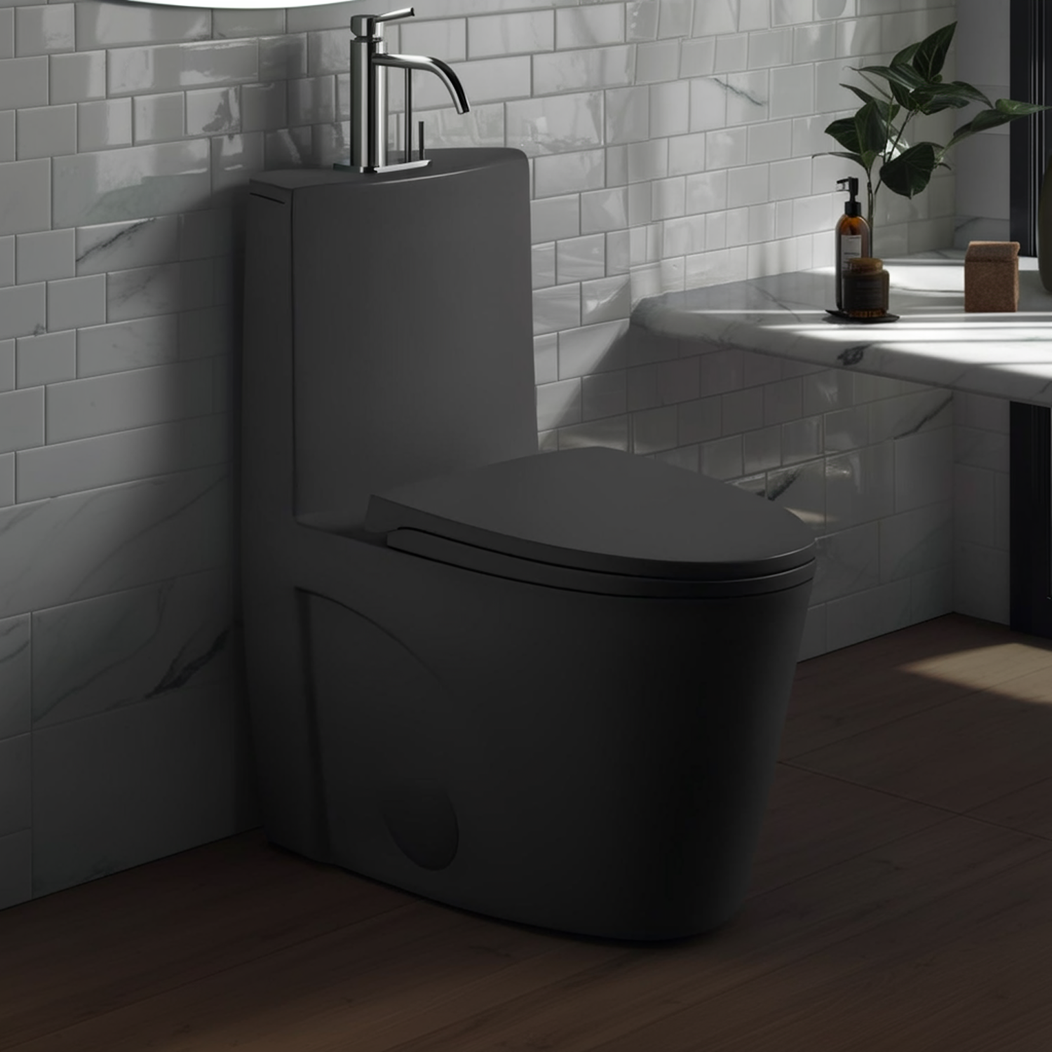 Matte Black One-Piece Toilet — Dual Flush, ADA Height — lifestyle 1