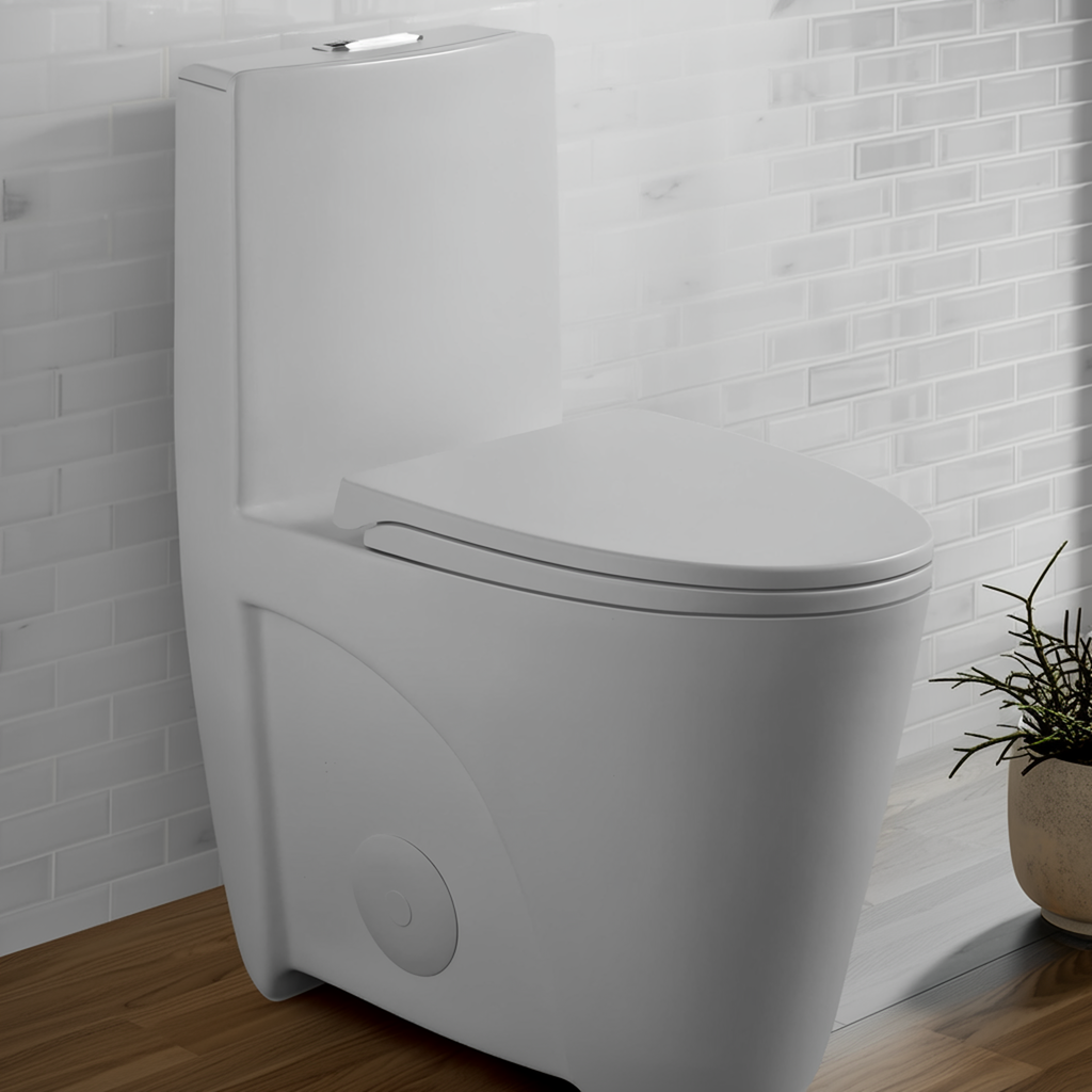 Light Gray One-Piece Toilet — Comfort Height, Soft Close — lifestyle 1