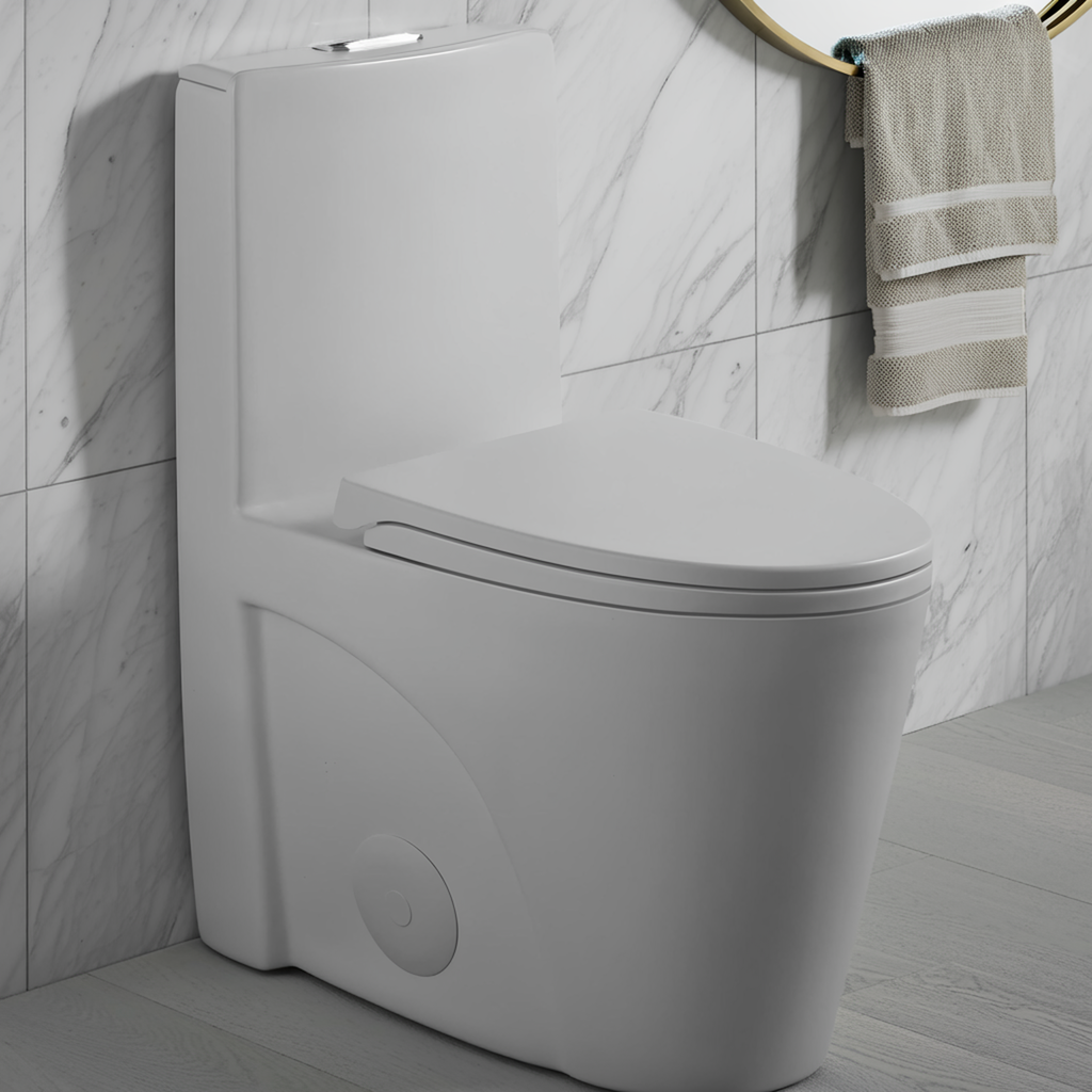 Light Gray One-Piece Toilet — Comfort Height, Soft Close — lifestyle 2