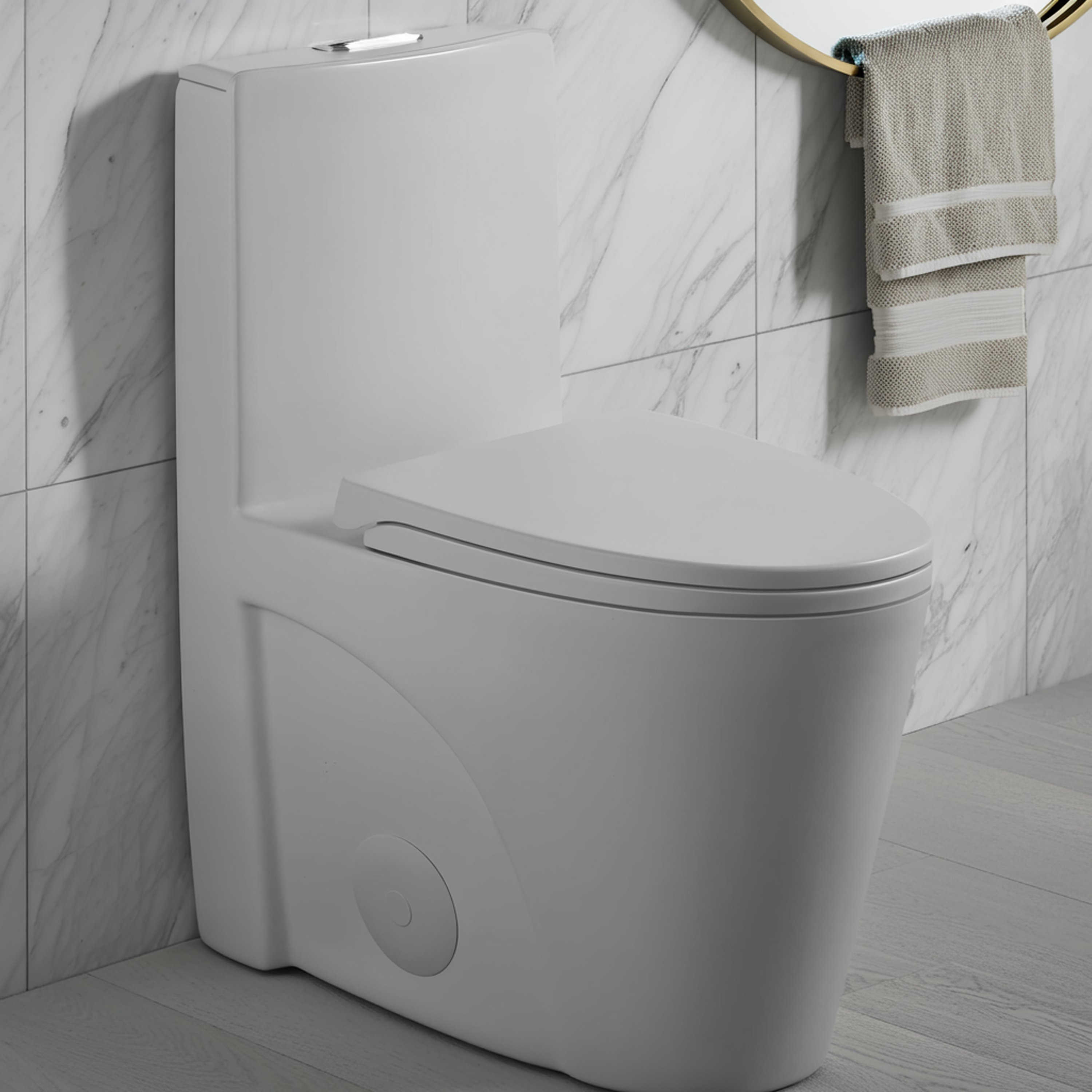 Light Gray One-Piece Toilet — Comfort Height, Soft Close — lifestyle 2